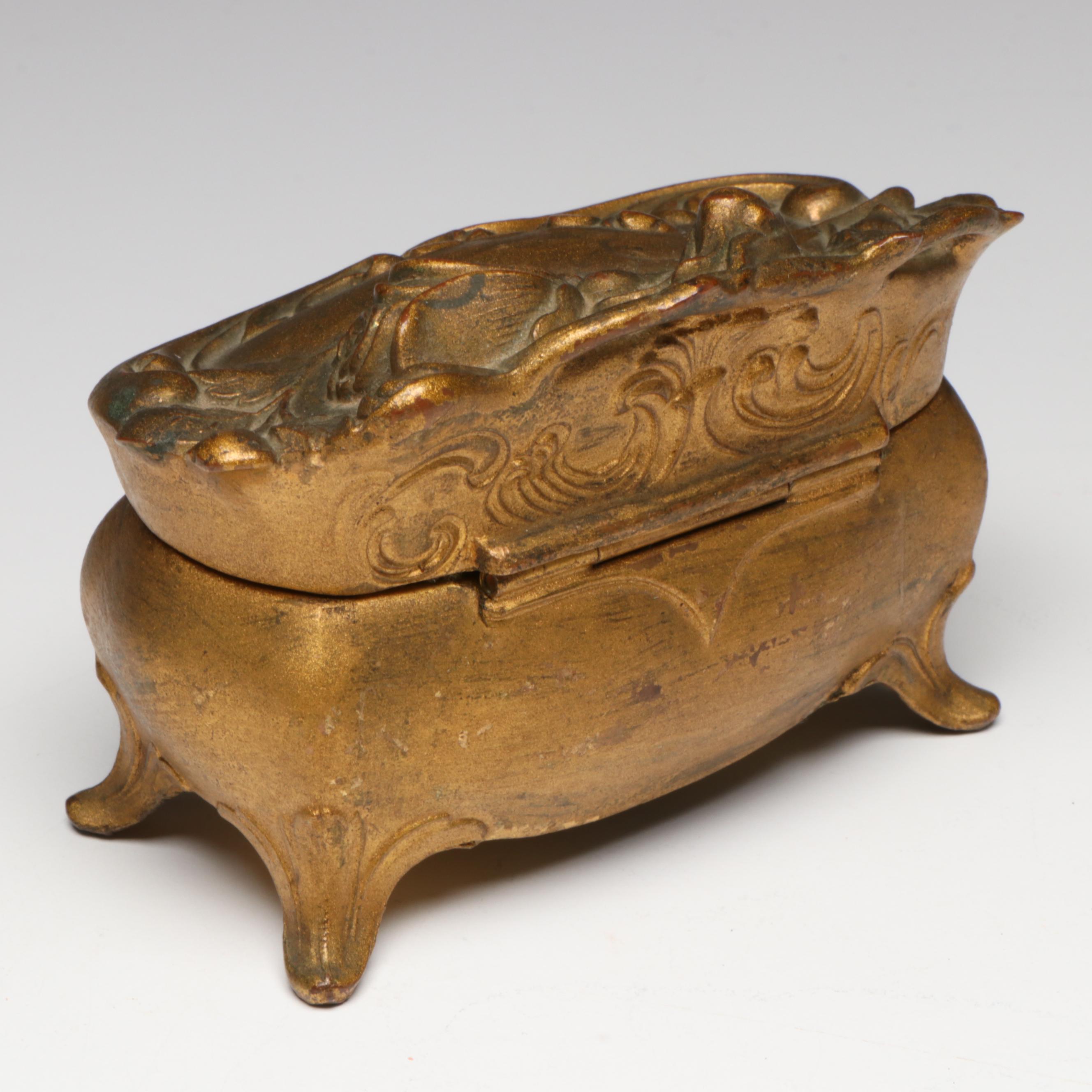 Art Nouveau Style Gilt Metal Jewelry Casket with Other Glass Perfume Bottles