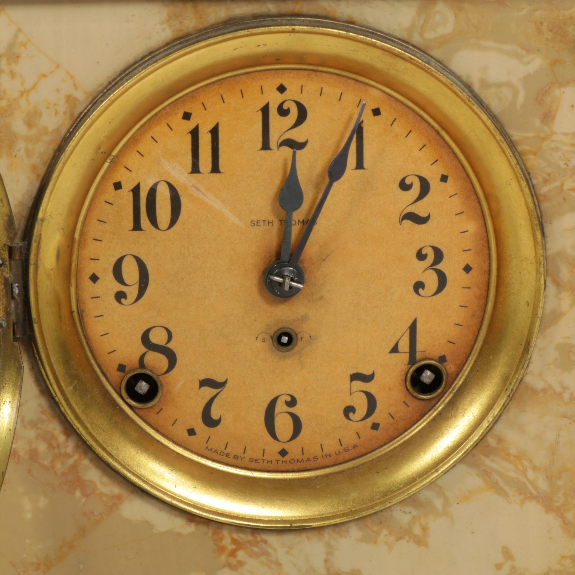 Seth Thomas Neoclassical Faux Marble Mantel Clock, Early 20th Century