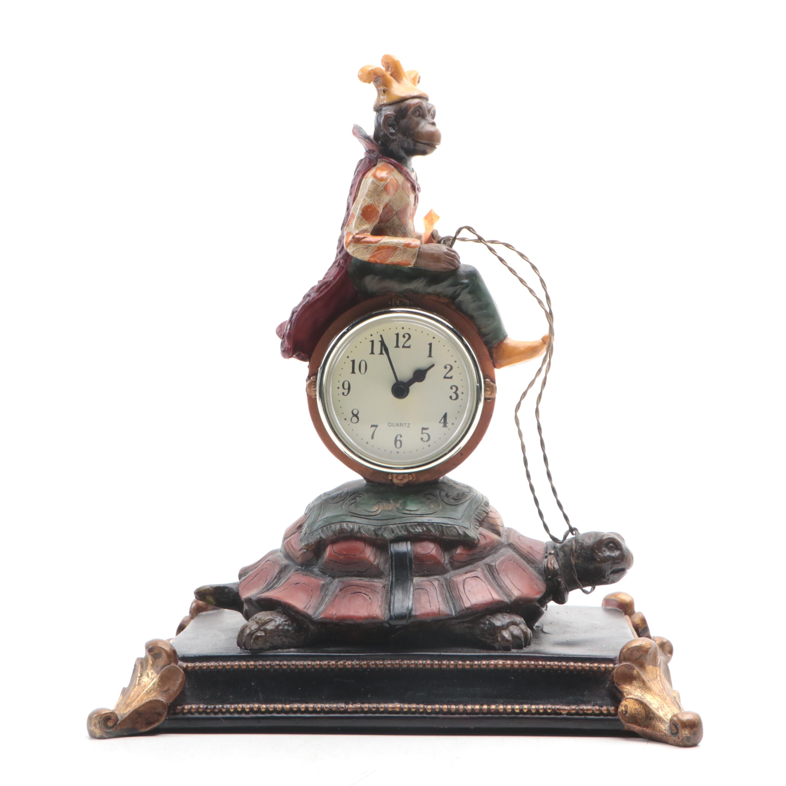 Mantel Clock with Jester Chimpanzee Riding Turtle