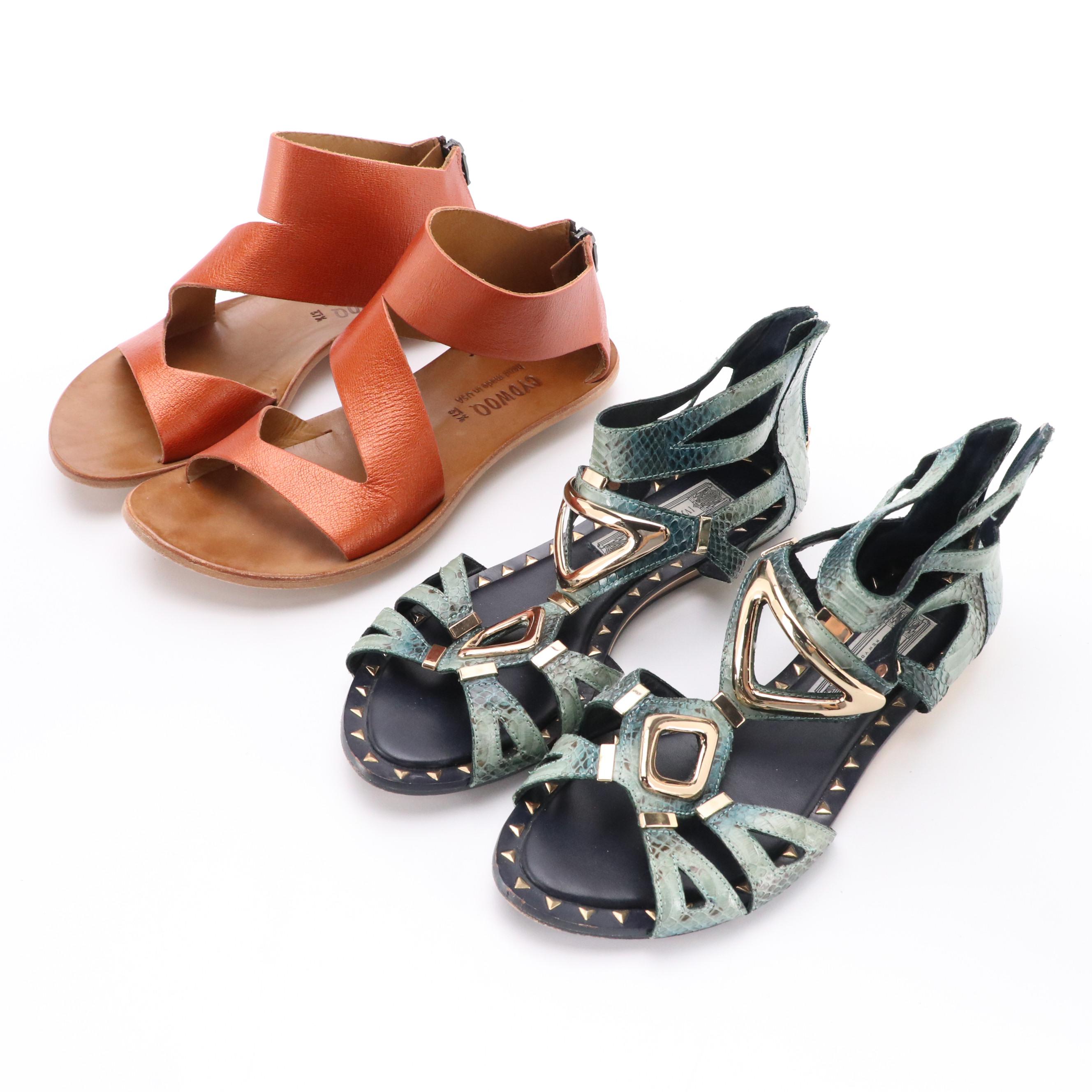 Ivy Kirzhner Blue Snakeskin Gladiator Sandals and Cydwoq Bronze Leather Sandals