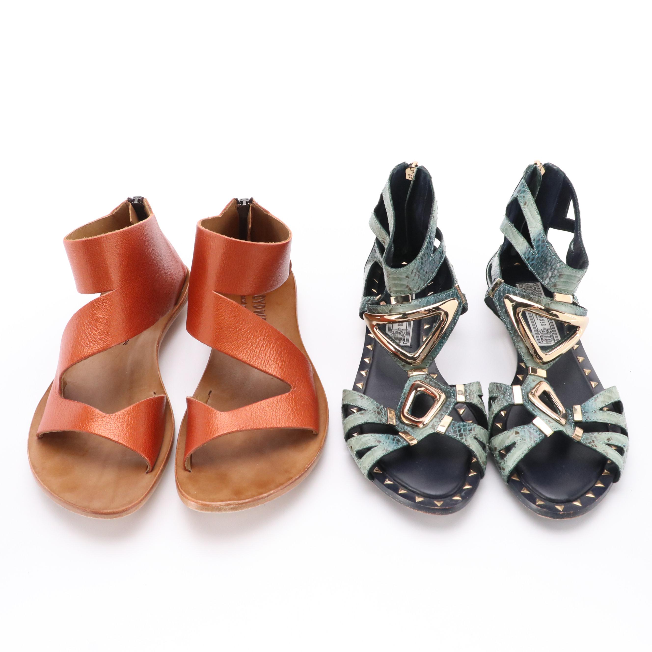 Ivy Kirzhner Blue Snakeskin Gladiator Sandals and Cydwoq Bronze Leather Sandals