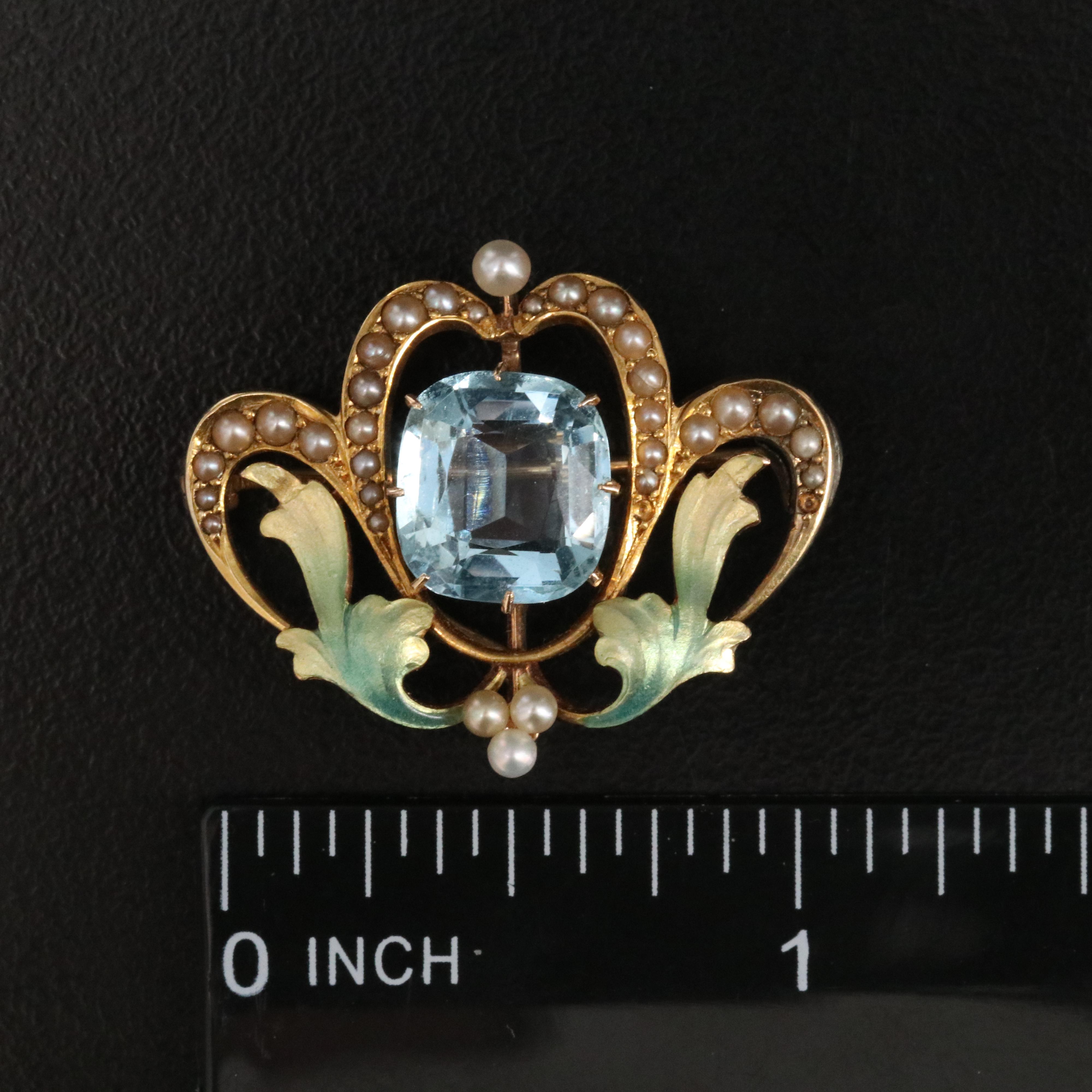 Art Nouveau 14K Aquamarine and Seed Pearl Acanthus Watch Pin