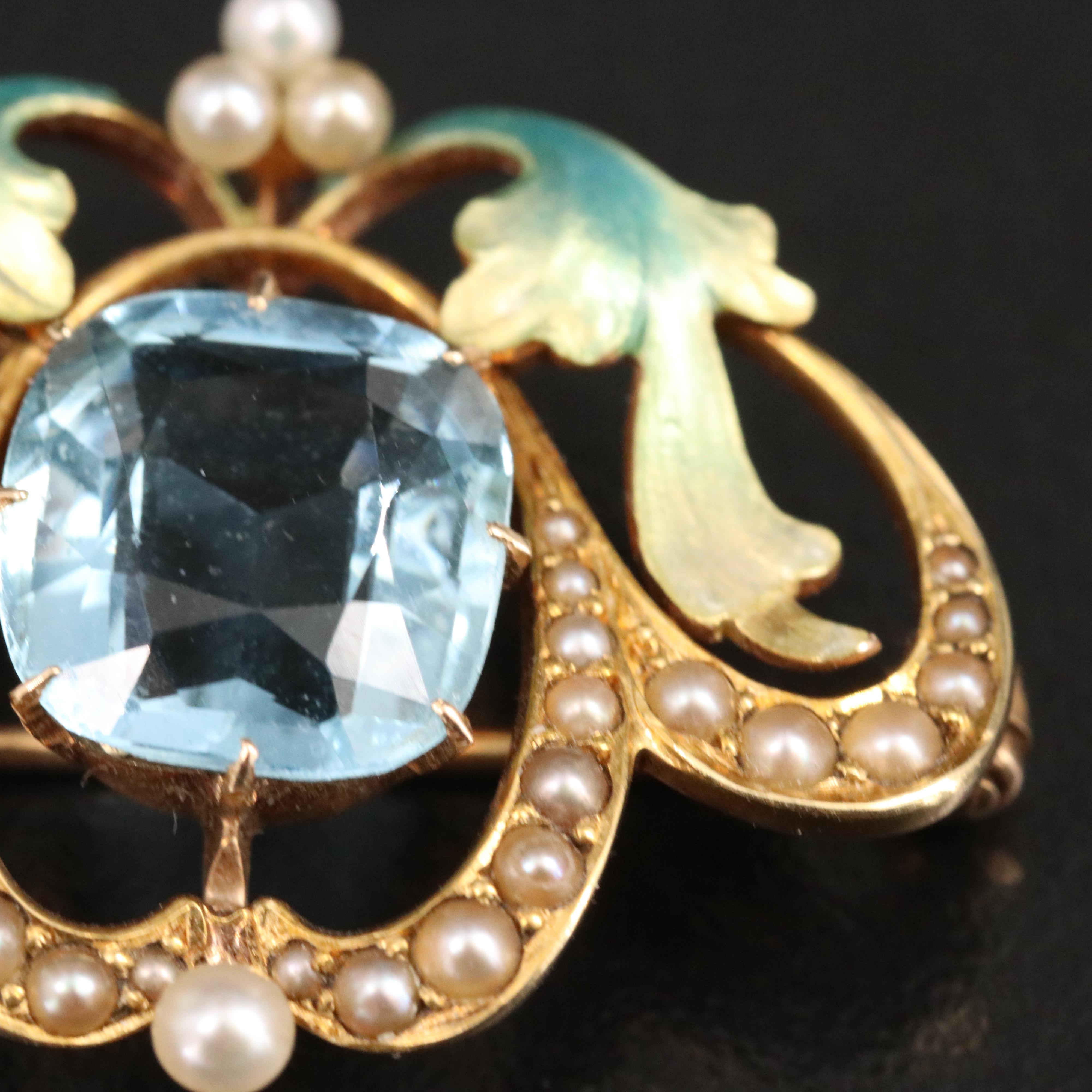 Art Nouveau 14K Aquamarine and Seed Pearl Acanthus Watch Pin
