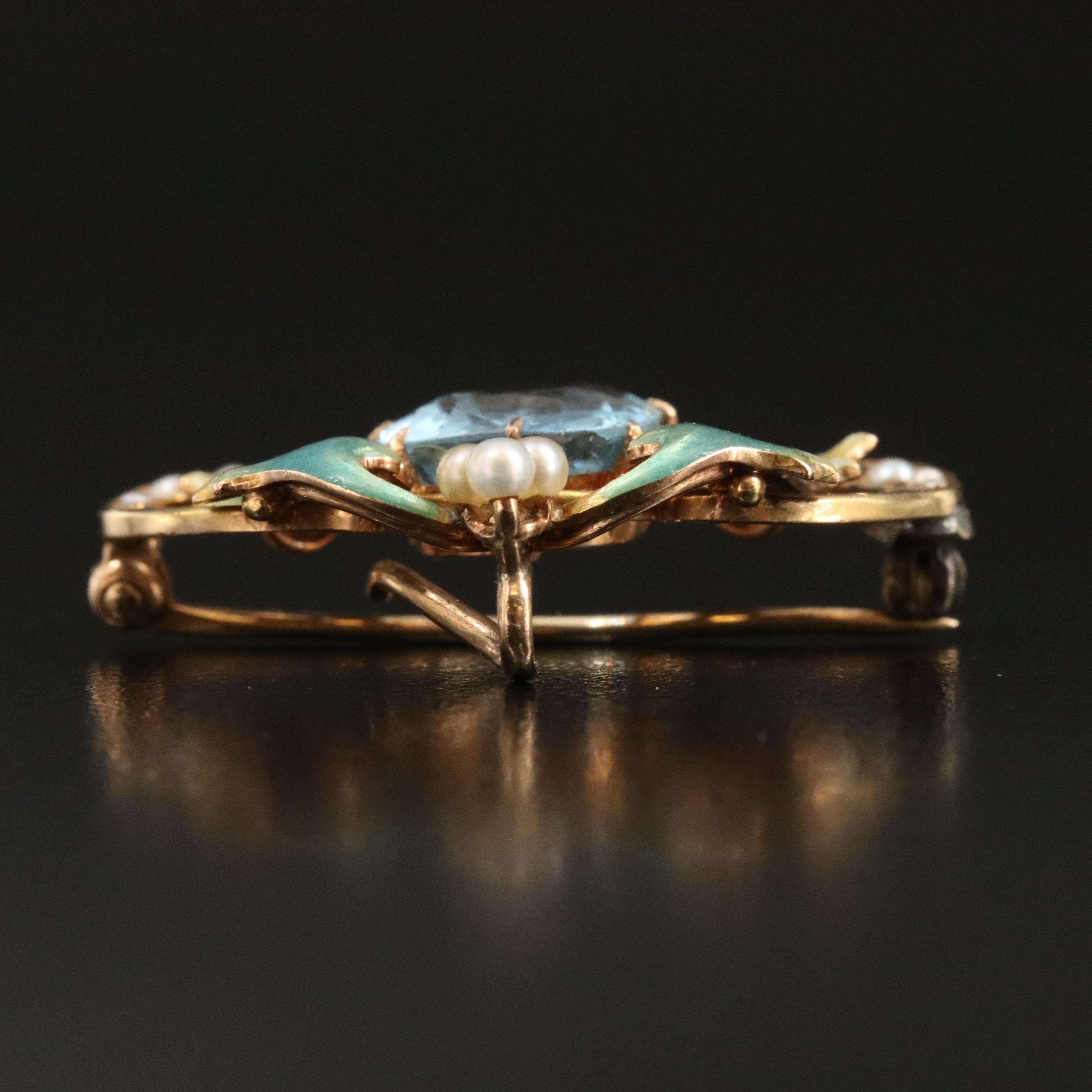Art Nouveau 14K Aquamarine and Seed Pearl Acanthus Watch Pin