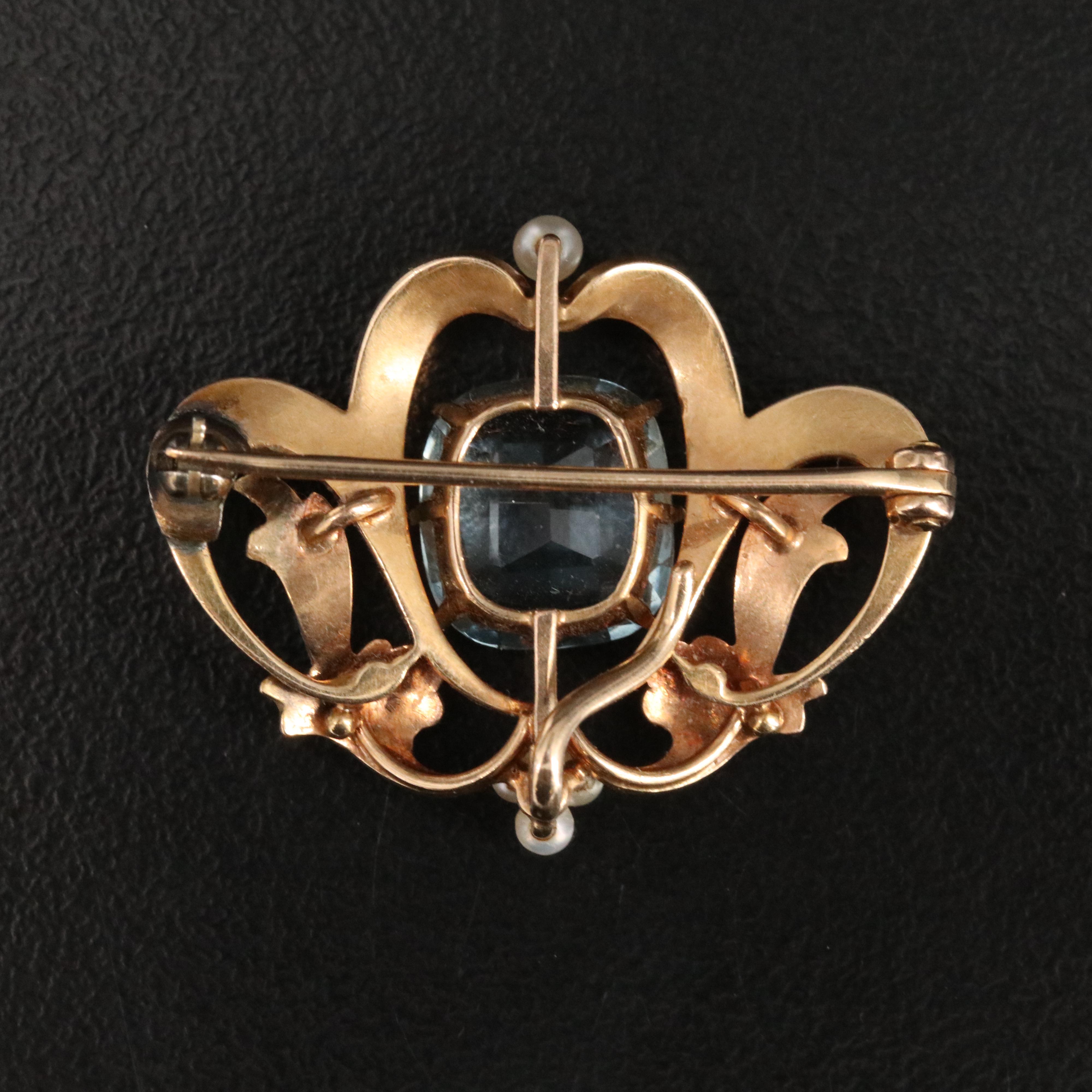 Art Nouveau 14K Aquamarine and Seed Pearl Acanthus Watch Pin