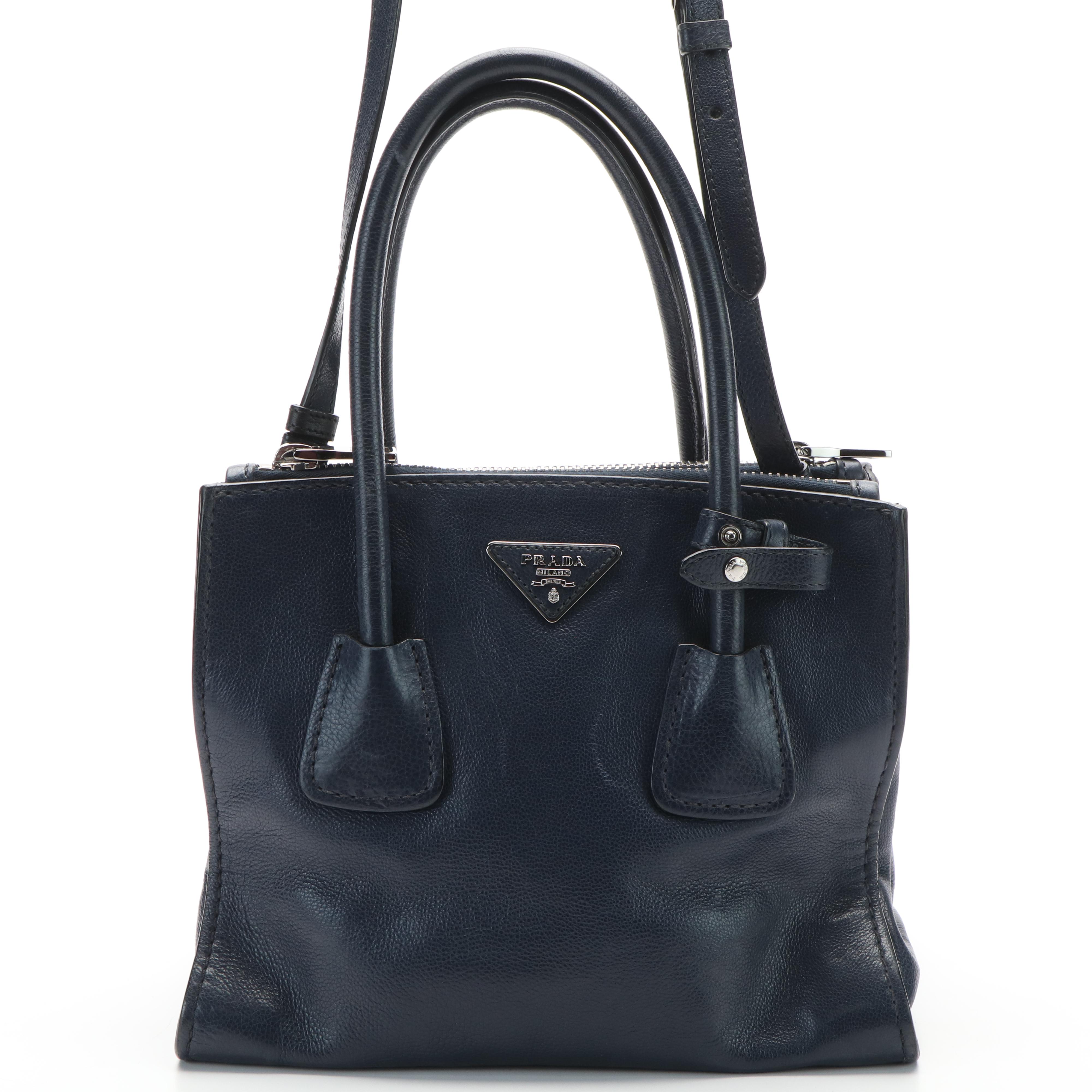 Prada Twin Pocket Tote in Navy Glace Calf Leather
