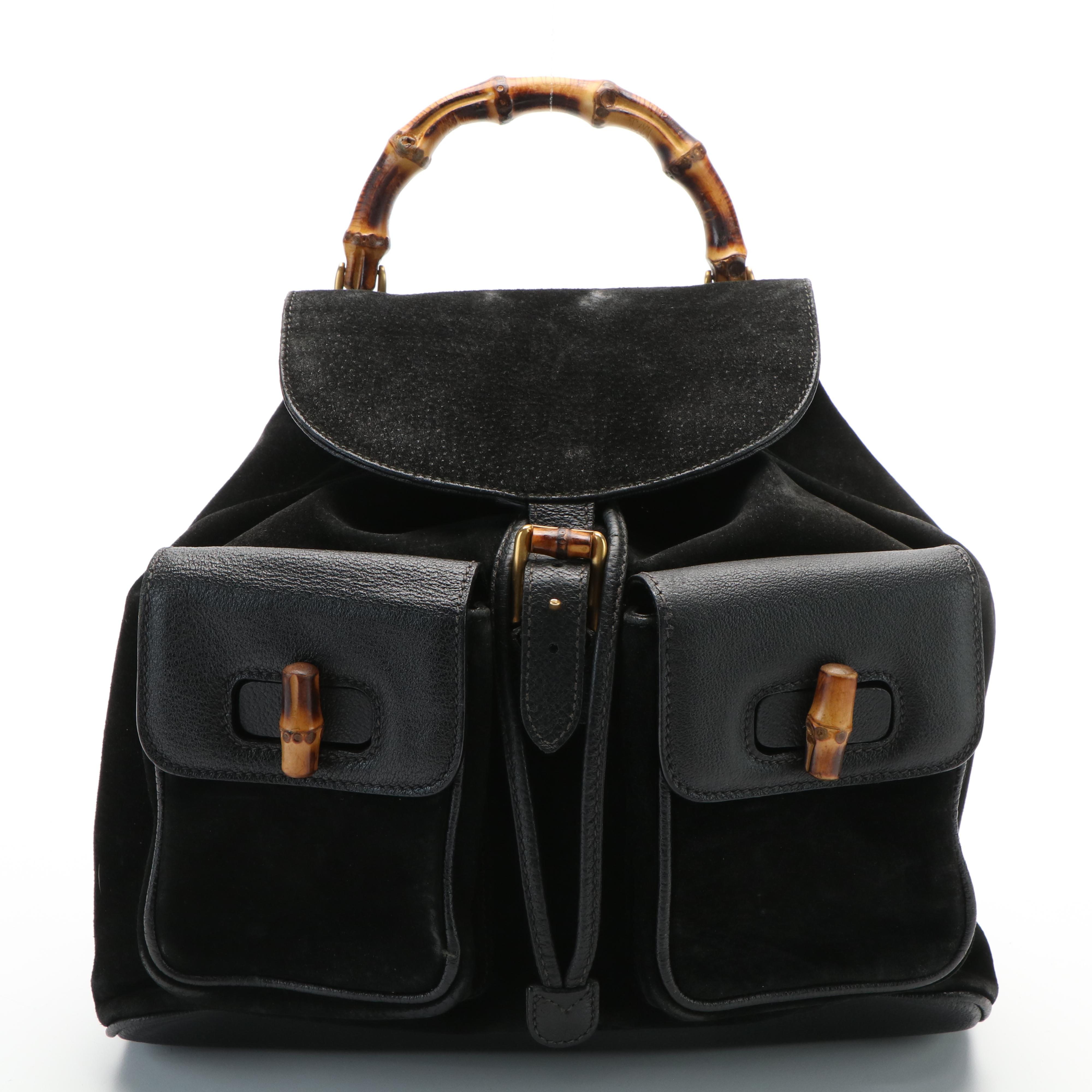Gucci Bamboo Bar Backpack in Black Suede and Leather