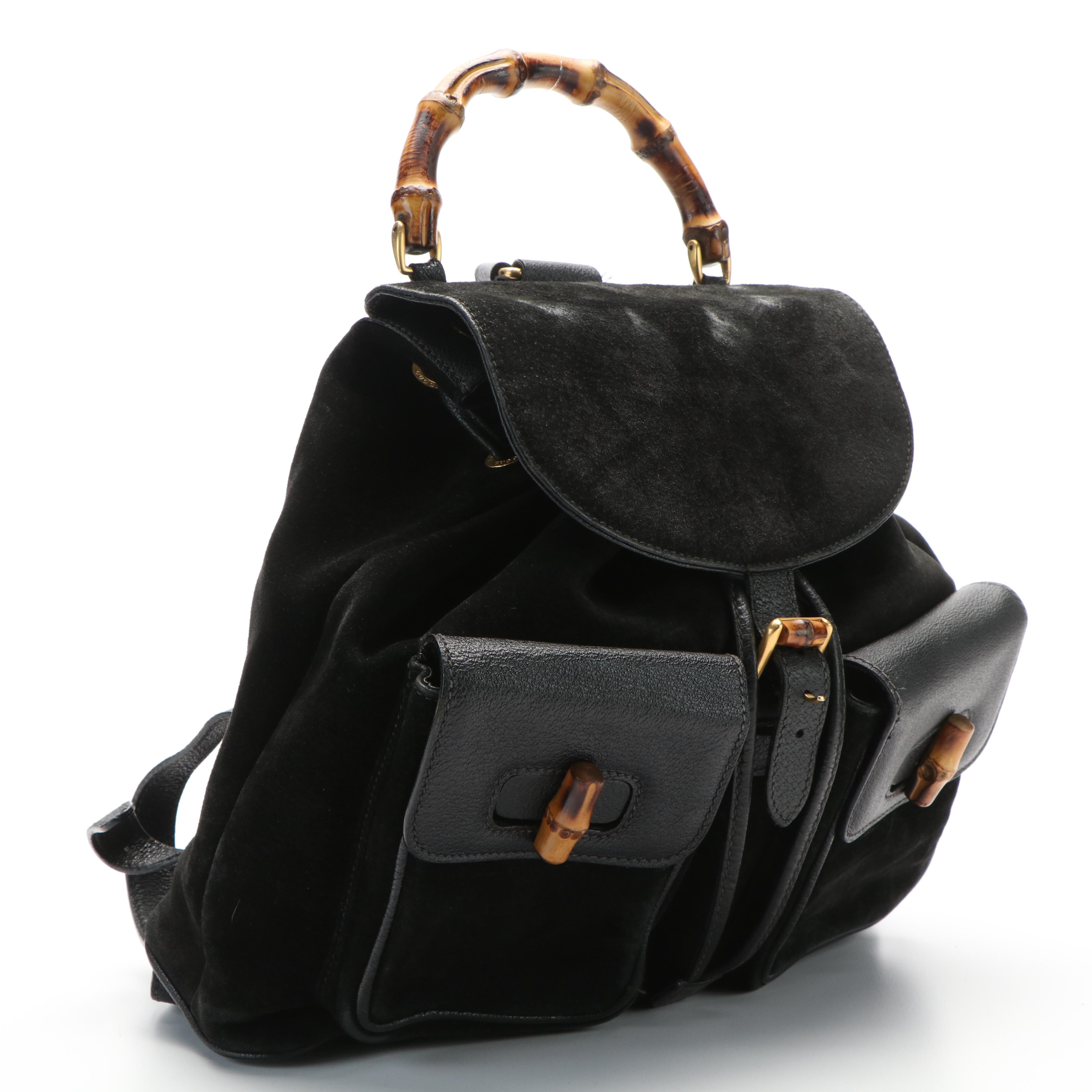 Gucci Bamboo Bar Backpack in Black Suede and Leather