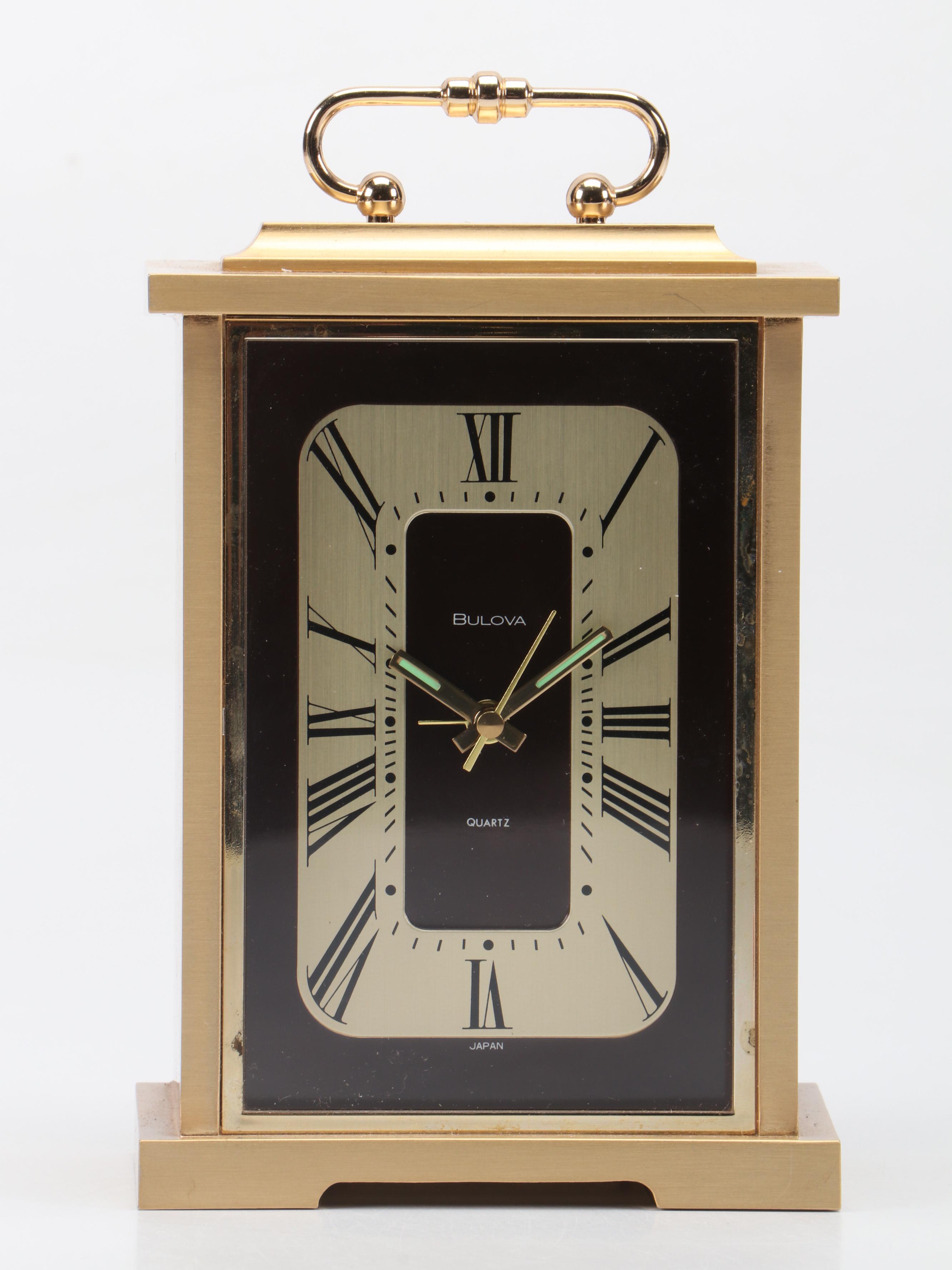 Bulova Brass Metal Quartz Carriage Clock with Magnifying Glass