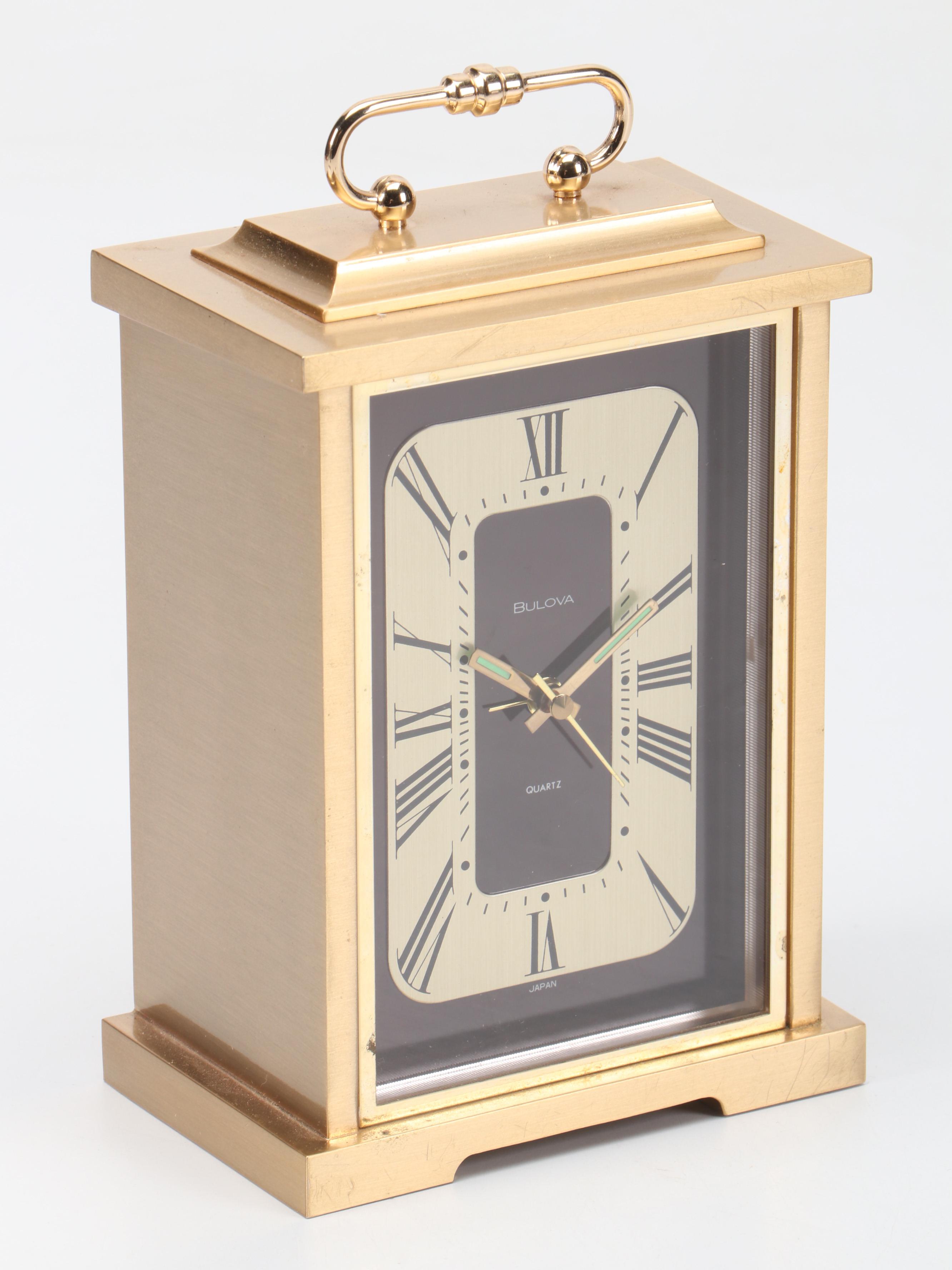 Bulova Brass Metal Quartz Carriage Clock with Magnifying Glass