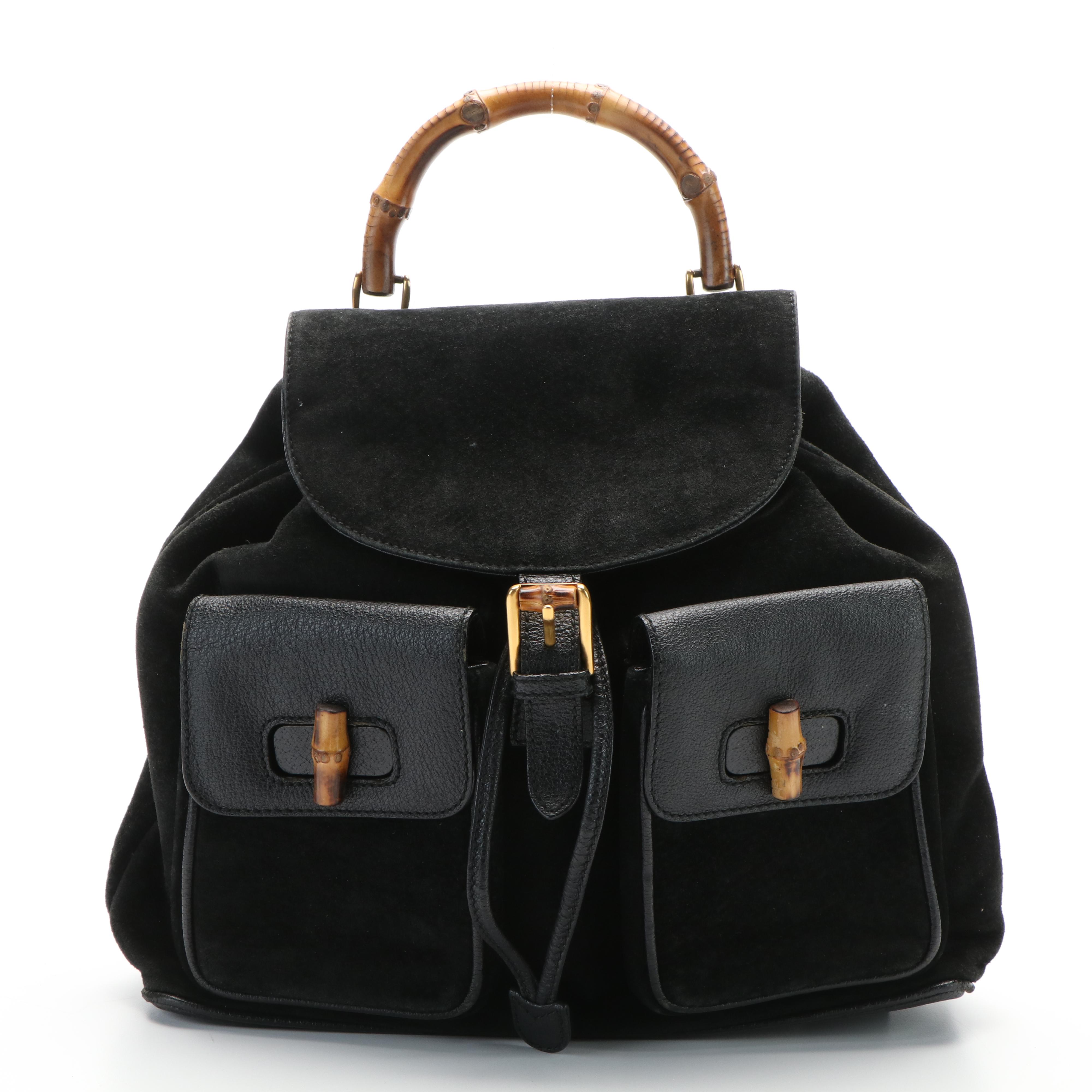 Gucci Bamboo Bar Backpack in Black Suede and Leather