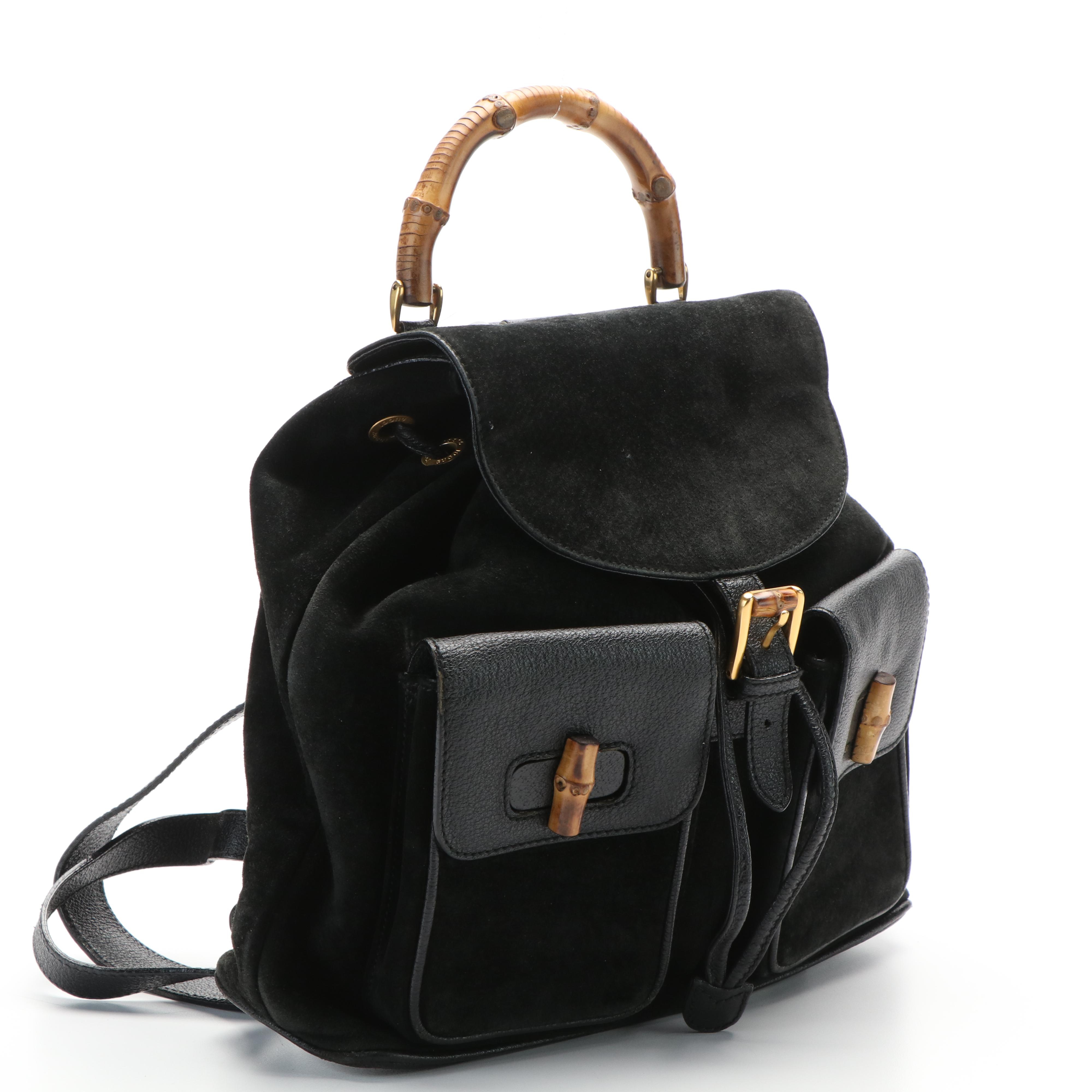 Gucci Bamboo Bar Backpack in Black Suede and Leather