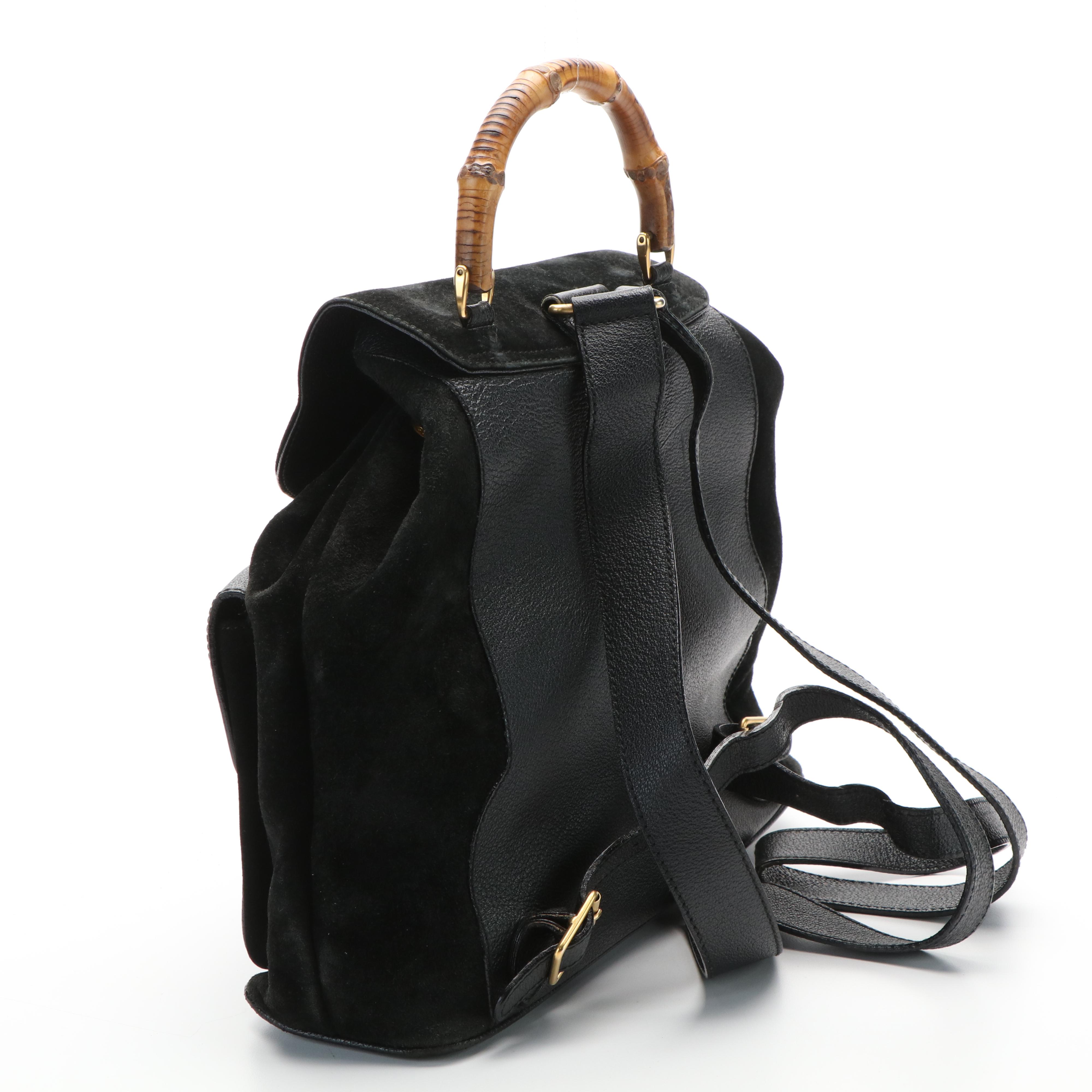Gucci Bamboo Bar Backpack in Black Suede and Leather