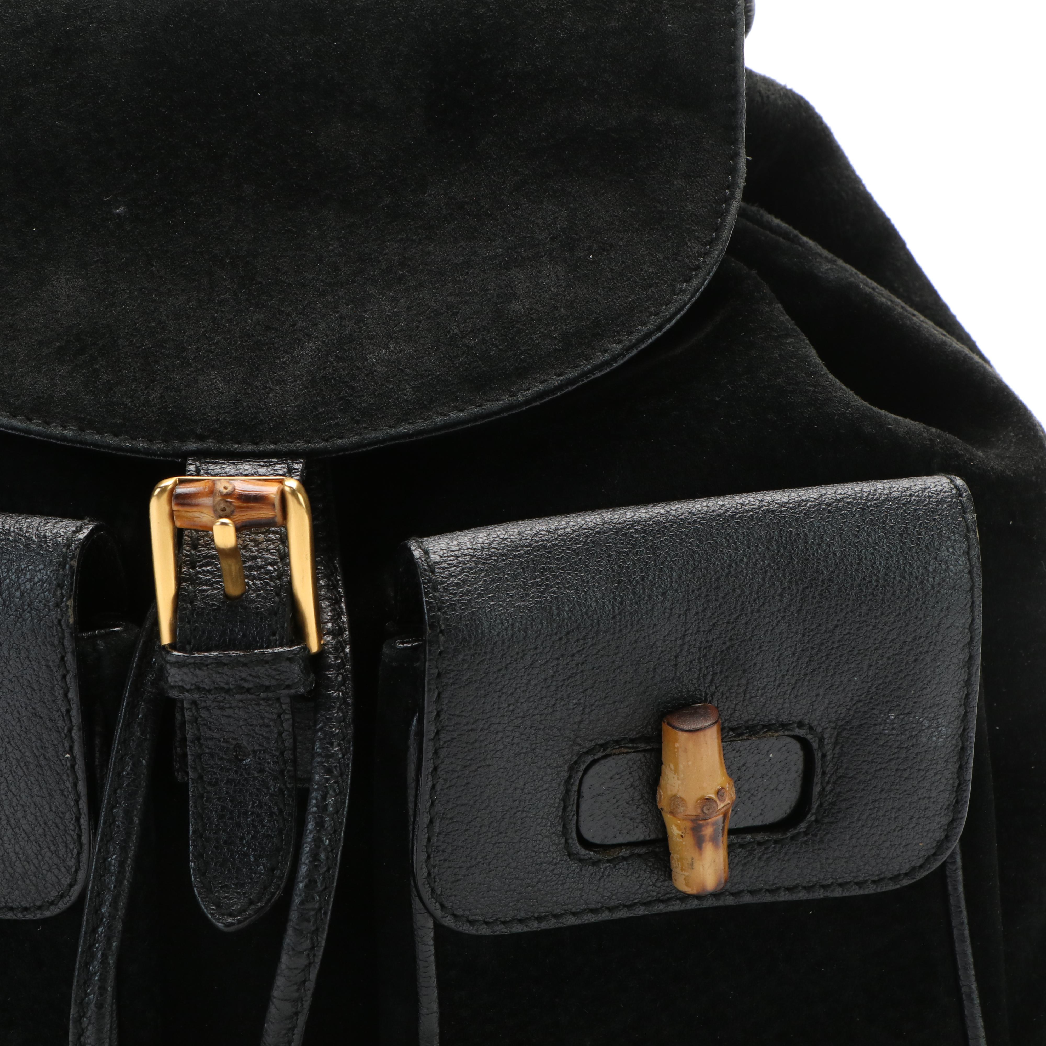 Gucci Bamboo Bar Backpack in Black Suede and Leather