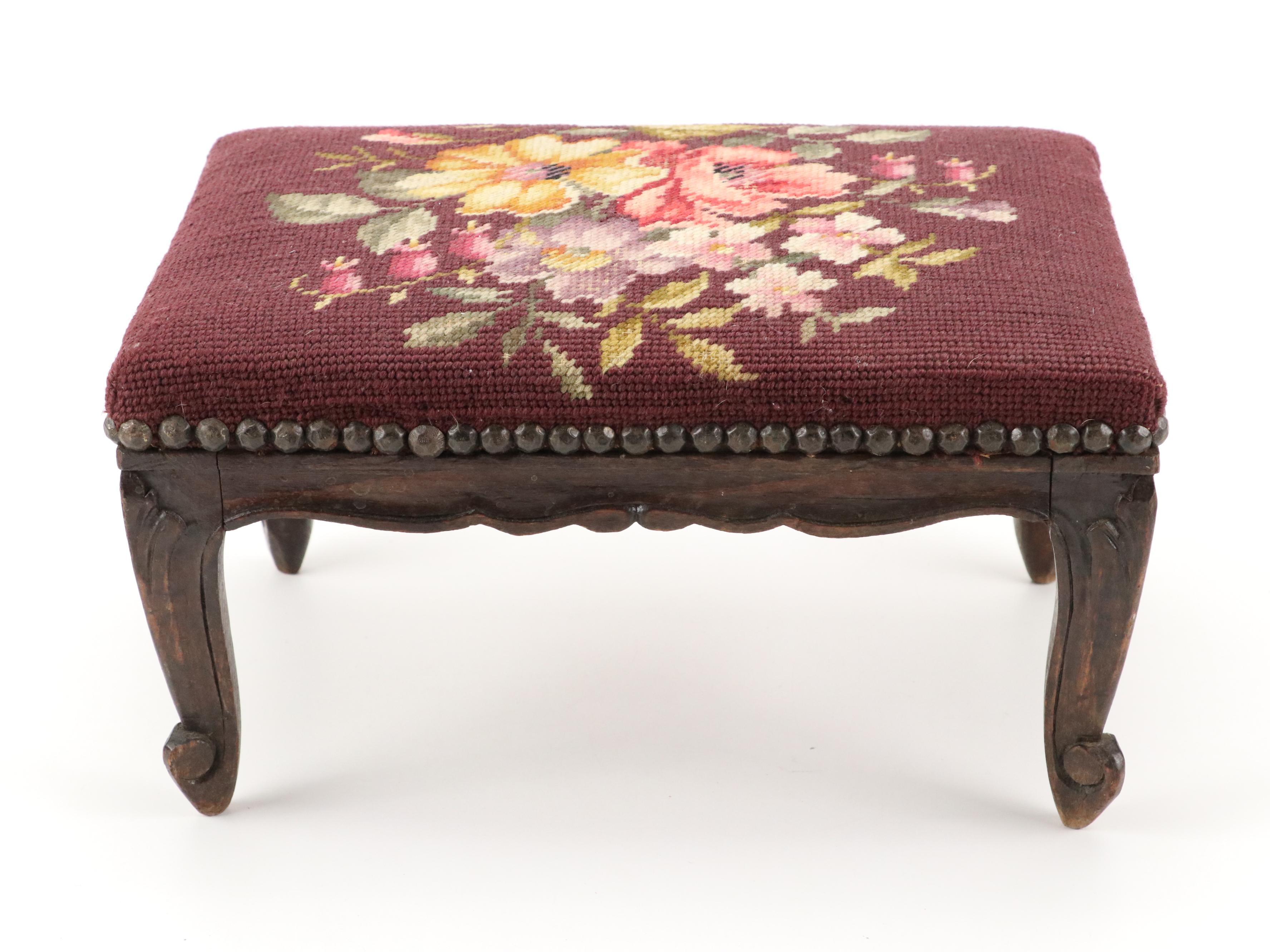 Needlepoint and Canvas Upholstered Footstools with Needlepoint Picture