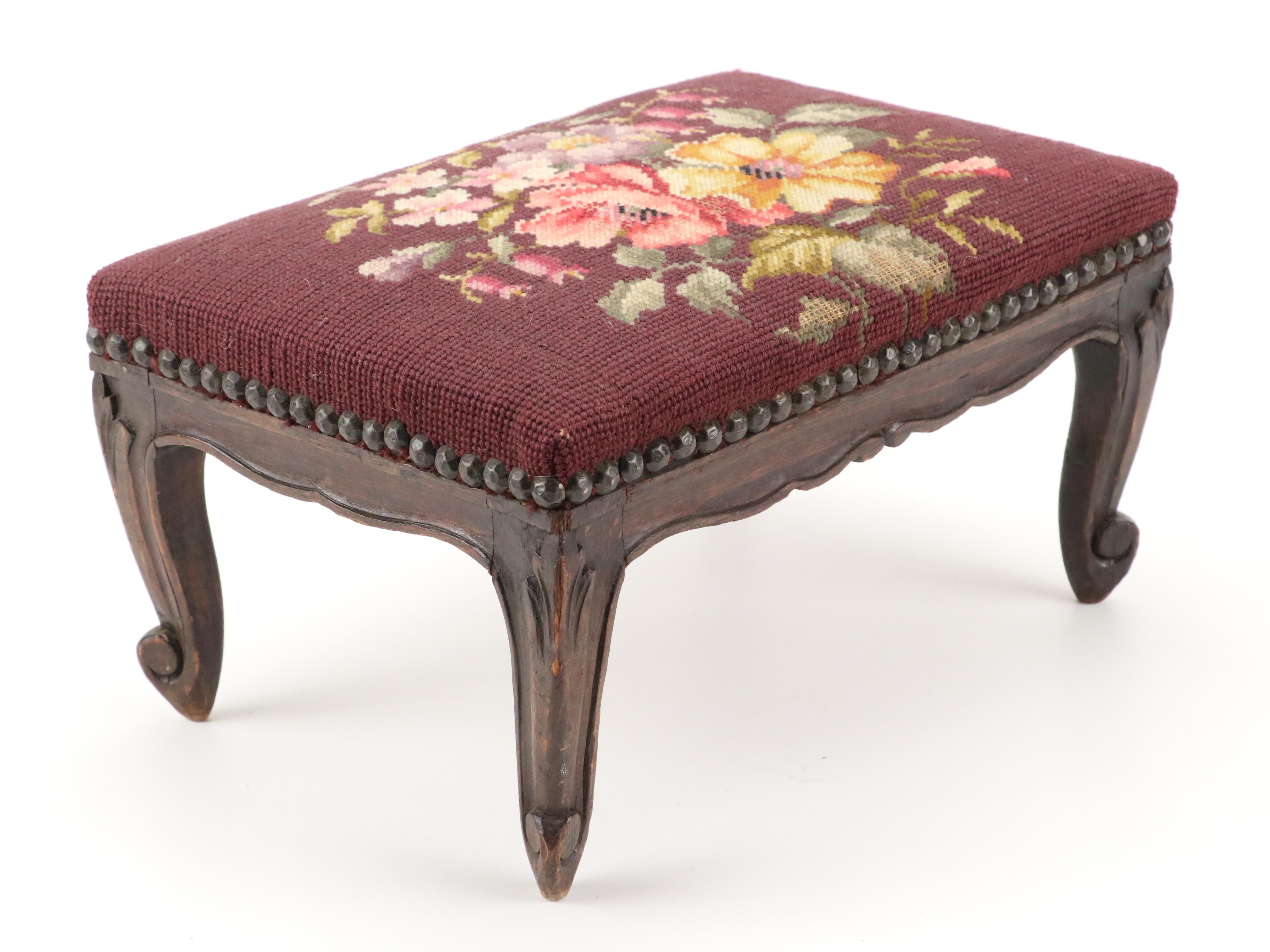 Needlepoint and Canvas Upholstered Footstools with Needlepoint Picture