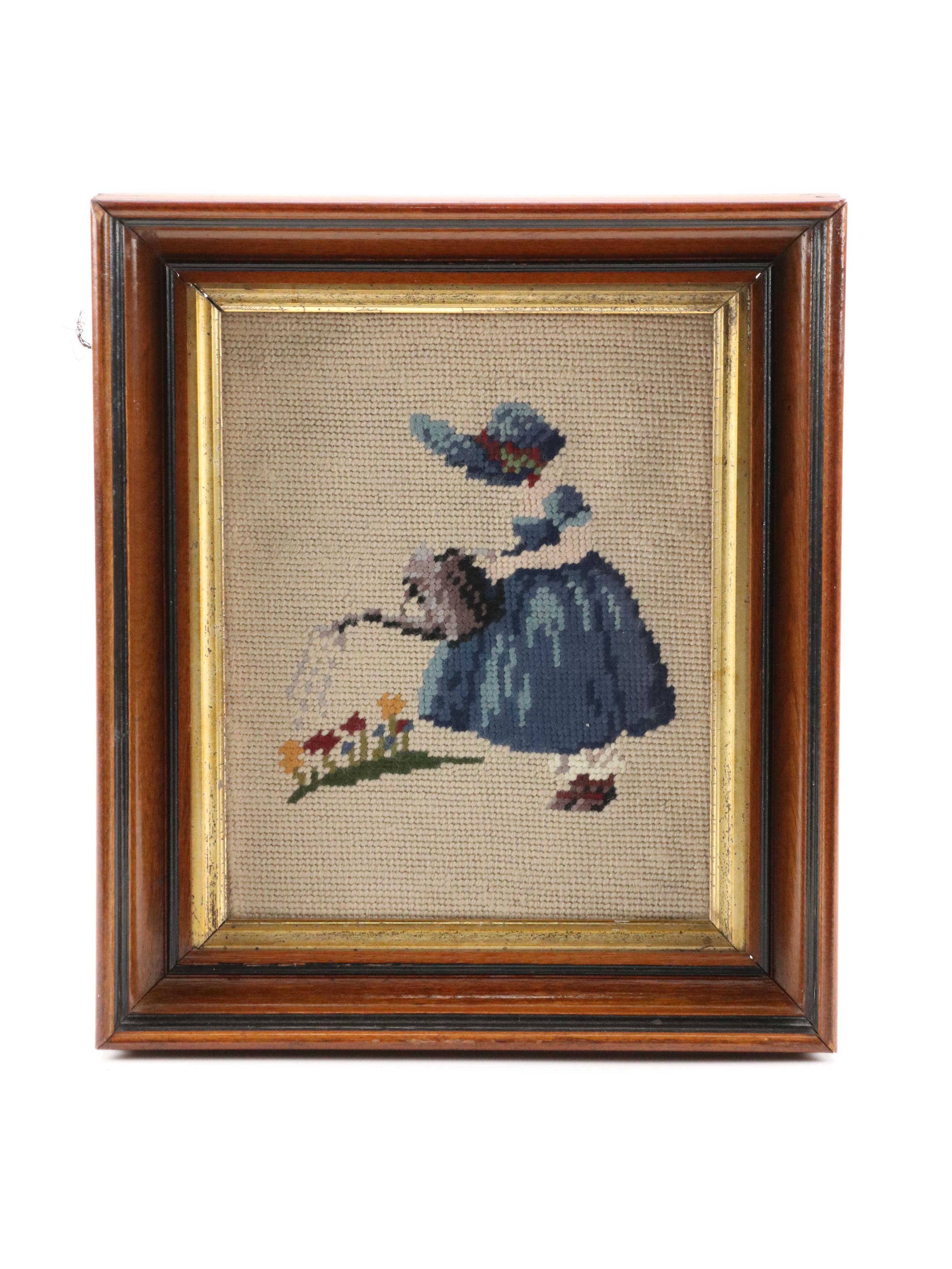 Needlepoint and Canvas Upholstered Footstools with Needlepoint Picture