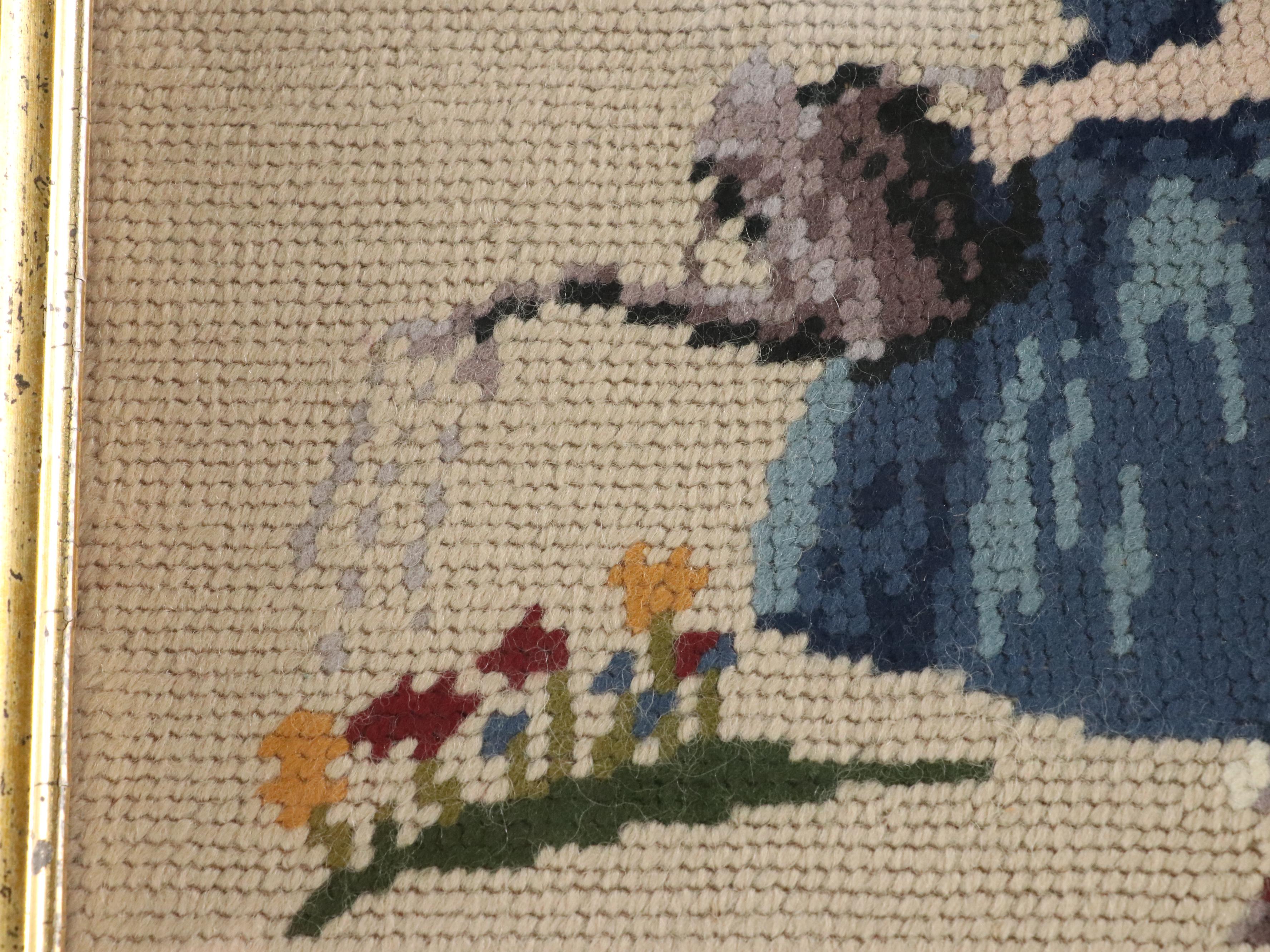 Needlepoint and Canvas Upholstered Footstools with Needlepoint Picture