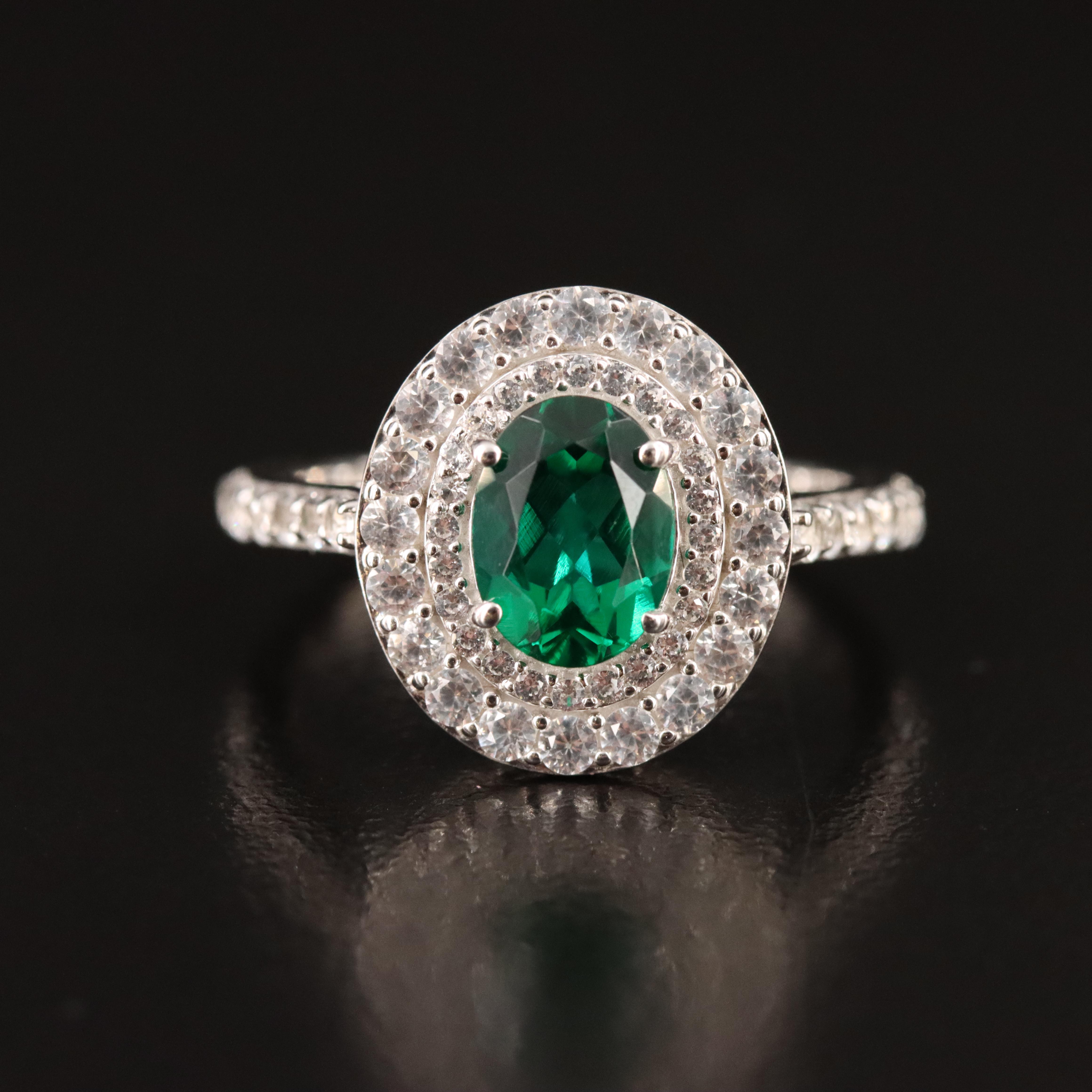 Sterling Emerald and Sapphire Double Halo Ring
