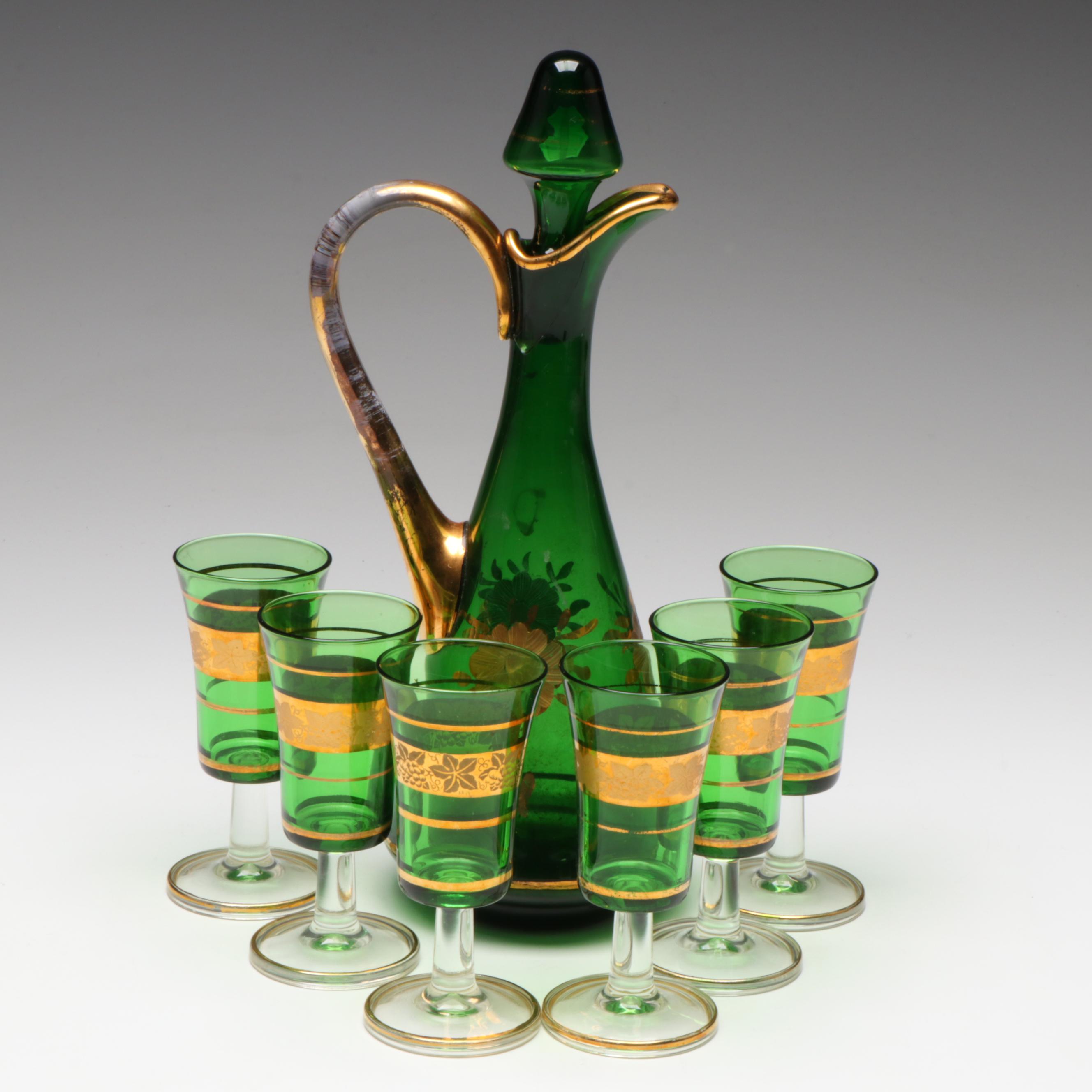 Italian Mid Century Modern Style Gilt Emerald Flashed Glass Liqueur Set
