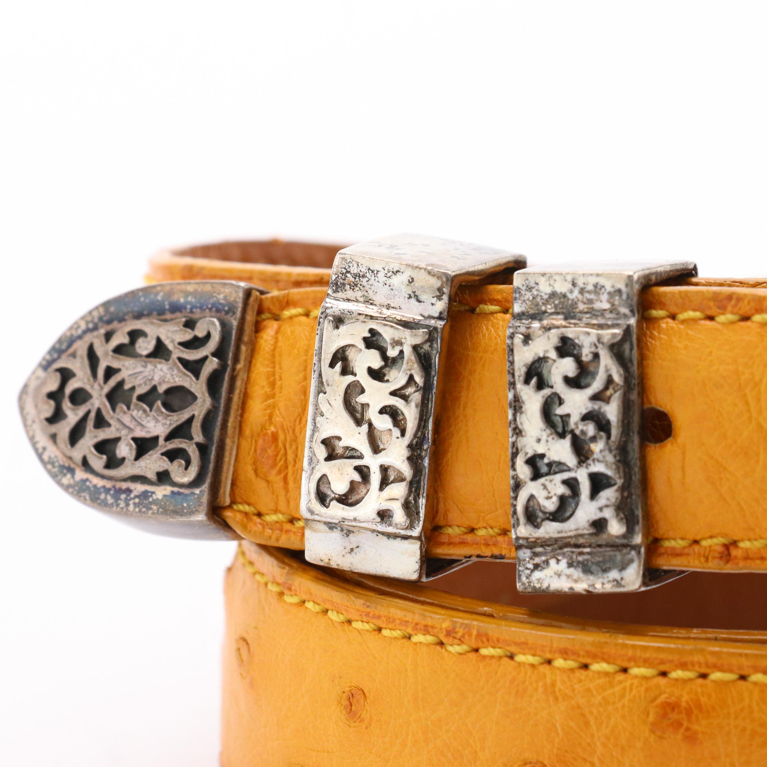 Ostrich Leather Belt with Sterling Silver Ornate Buckle, Loops and End Cap