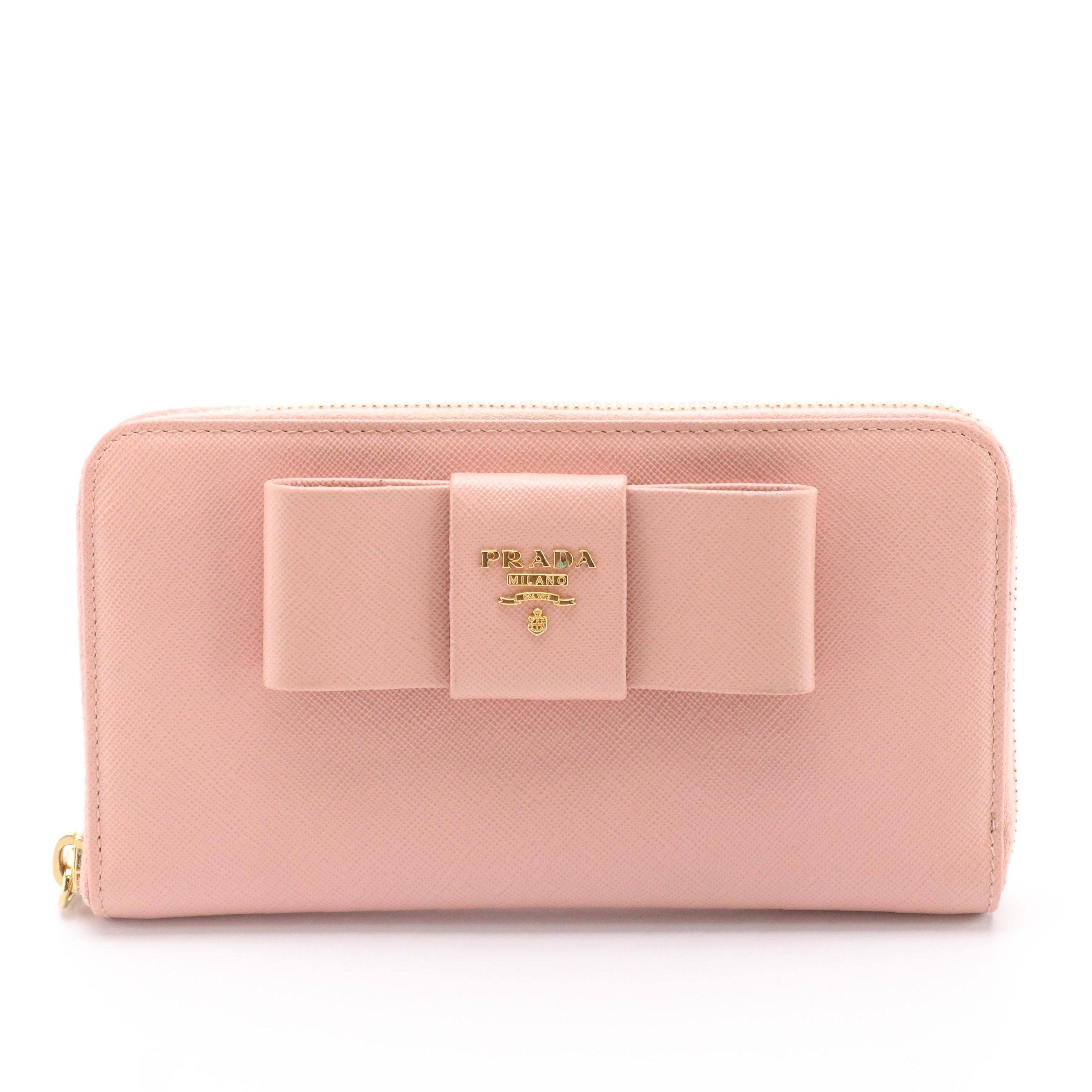 Prada Saffiano Leather Zip-Around Bow Wallet with Box
