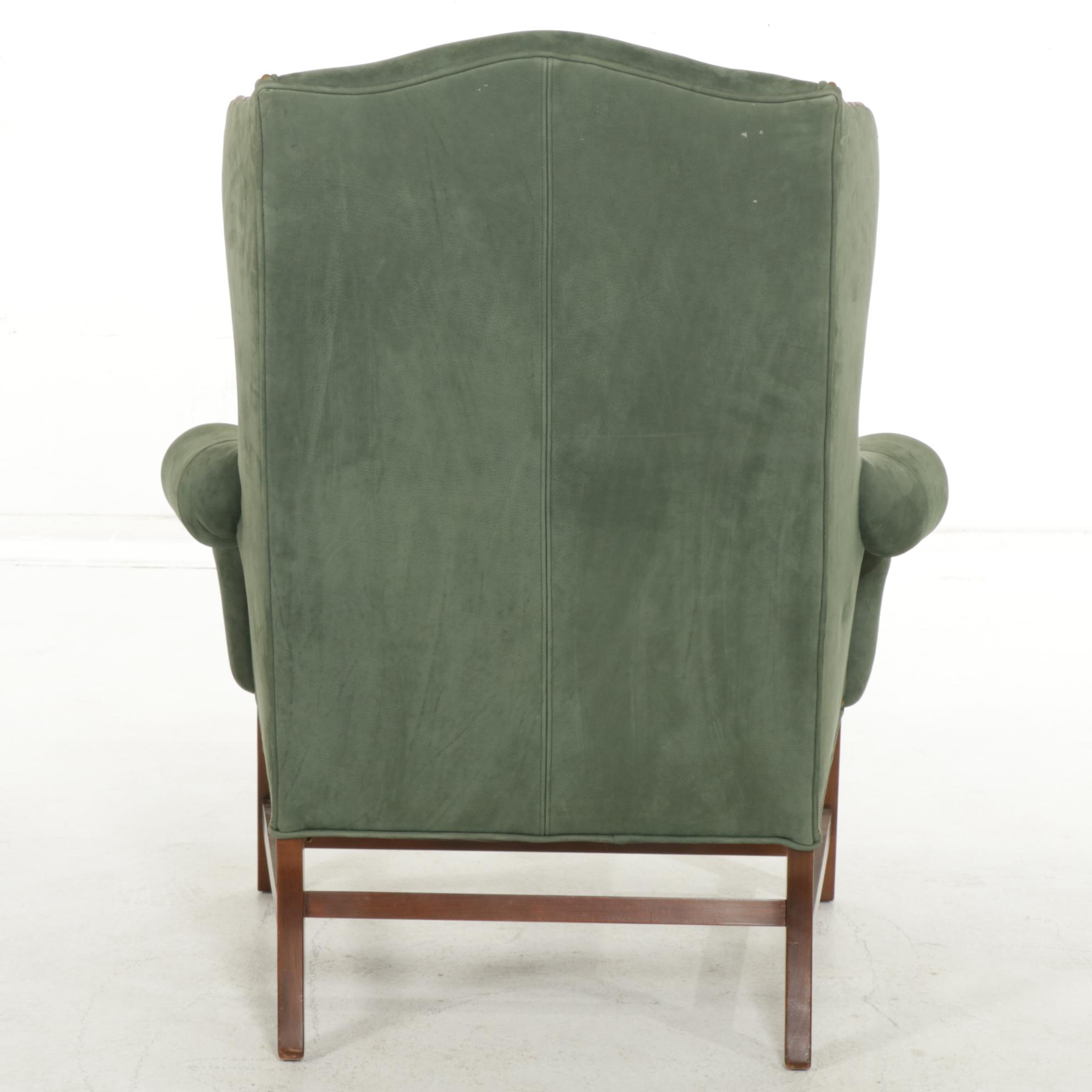 Harden Chippendale Style Green Leather Wingback Armchair with Nail Head Trim