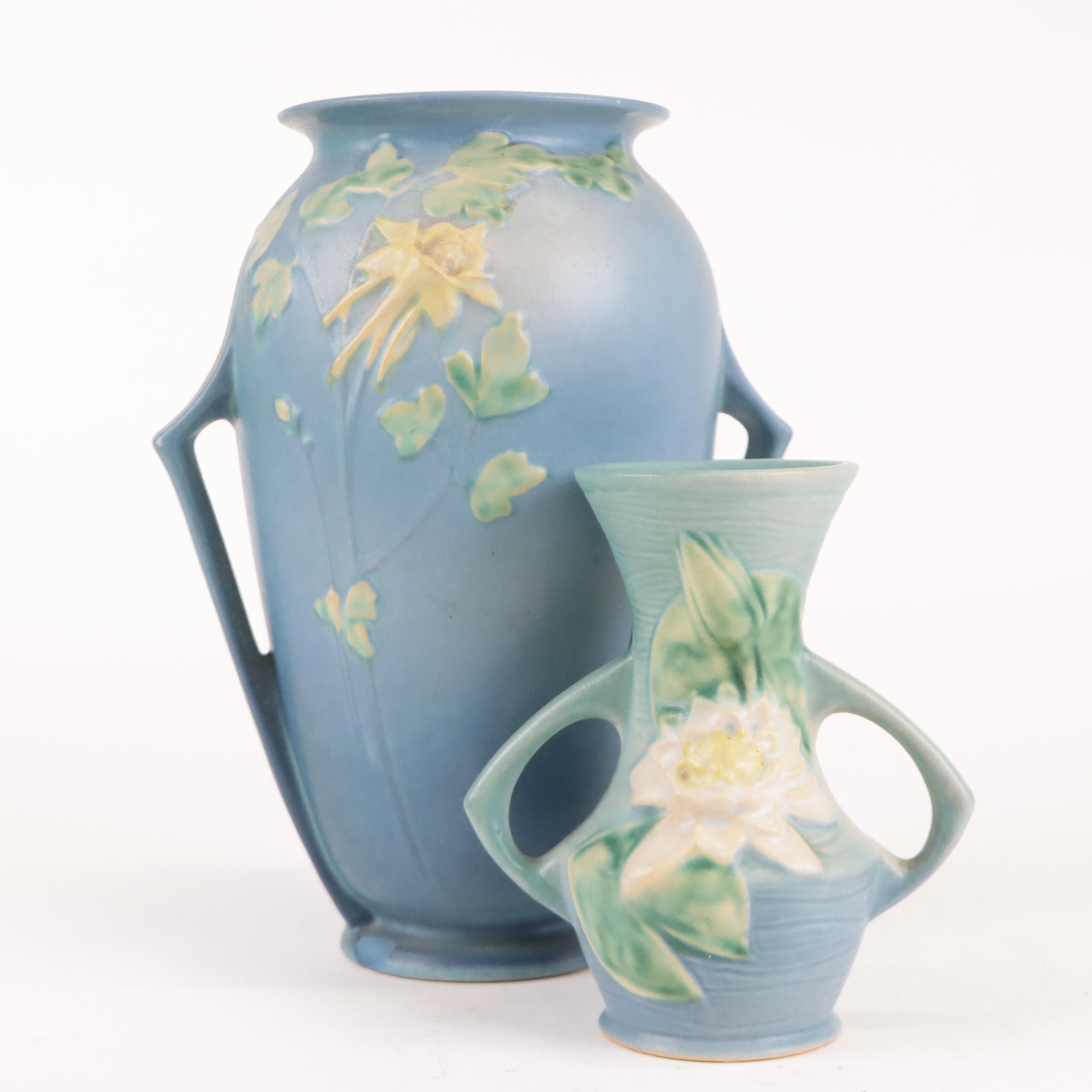 Roseville Blue "Columbine" Vase with Blue Water Lily Vase, 1940s