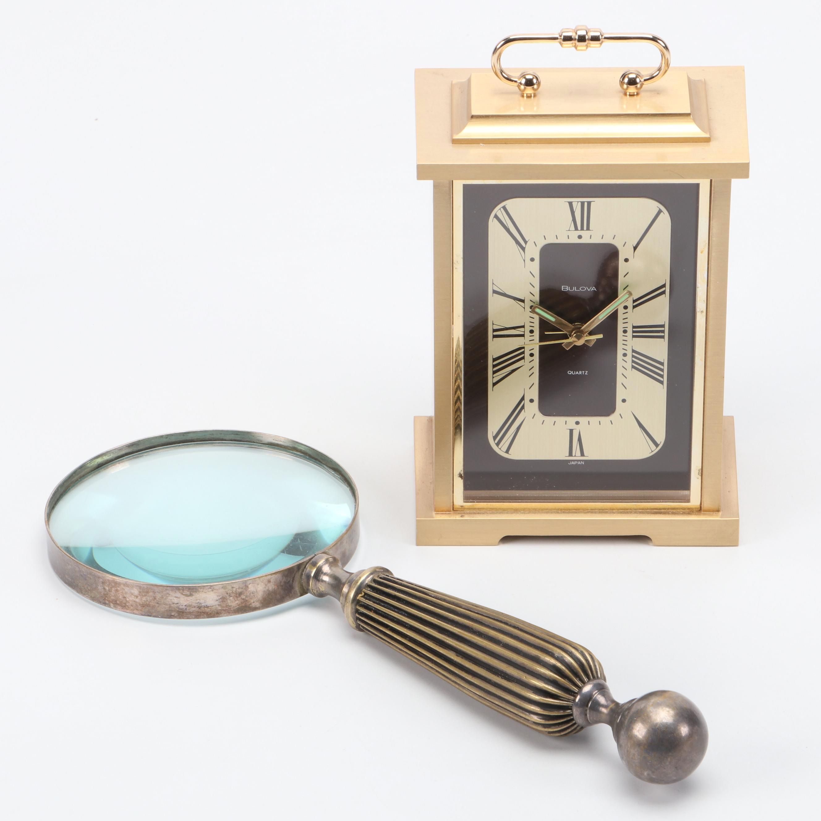 Bulova Brass Metal Quartz Carriage Clock with Magnifying Glass