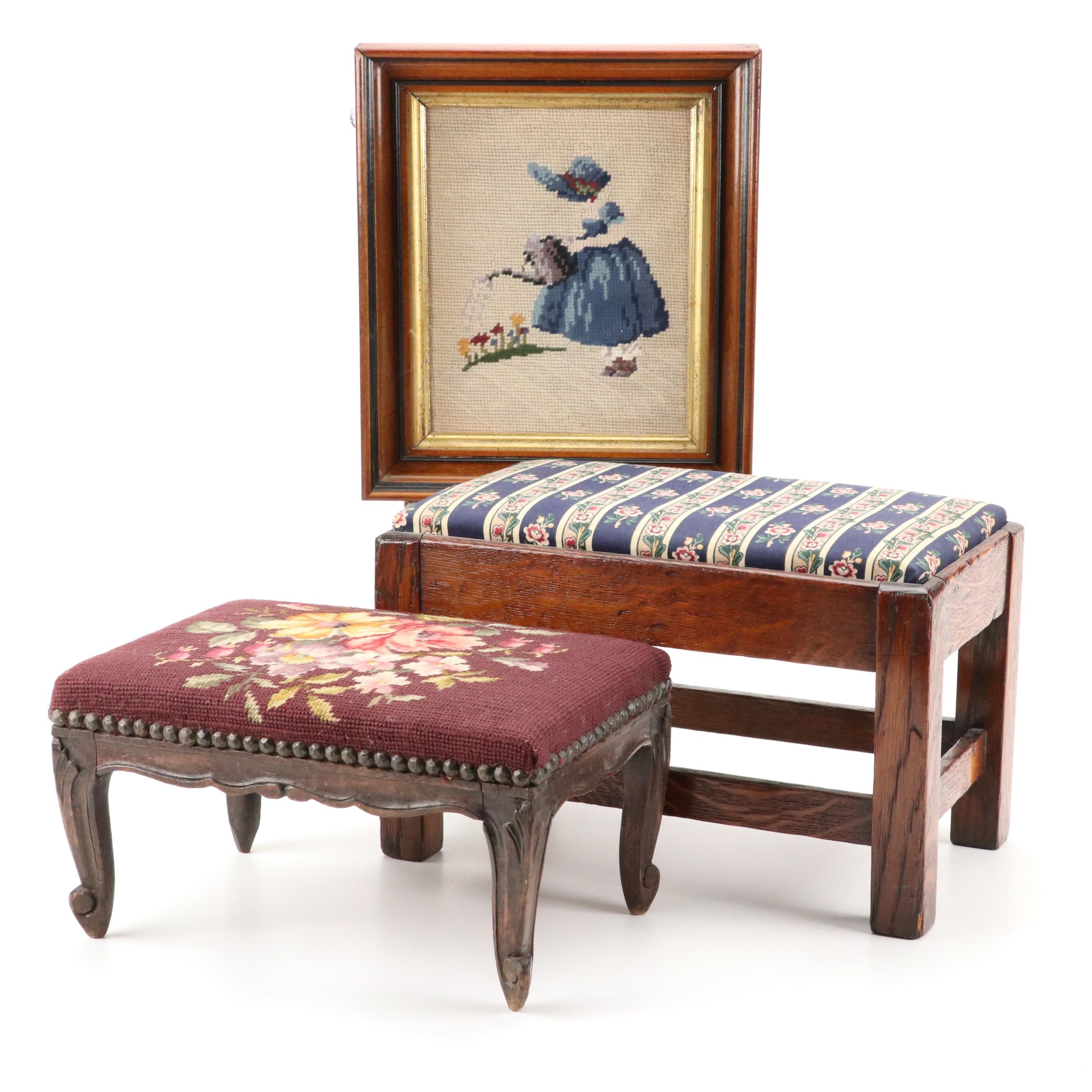 Needlepoint and Canvas Upholstered Footstools with Needlepoint Picture