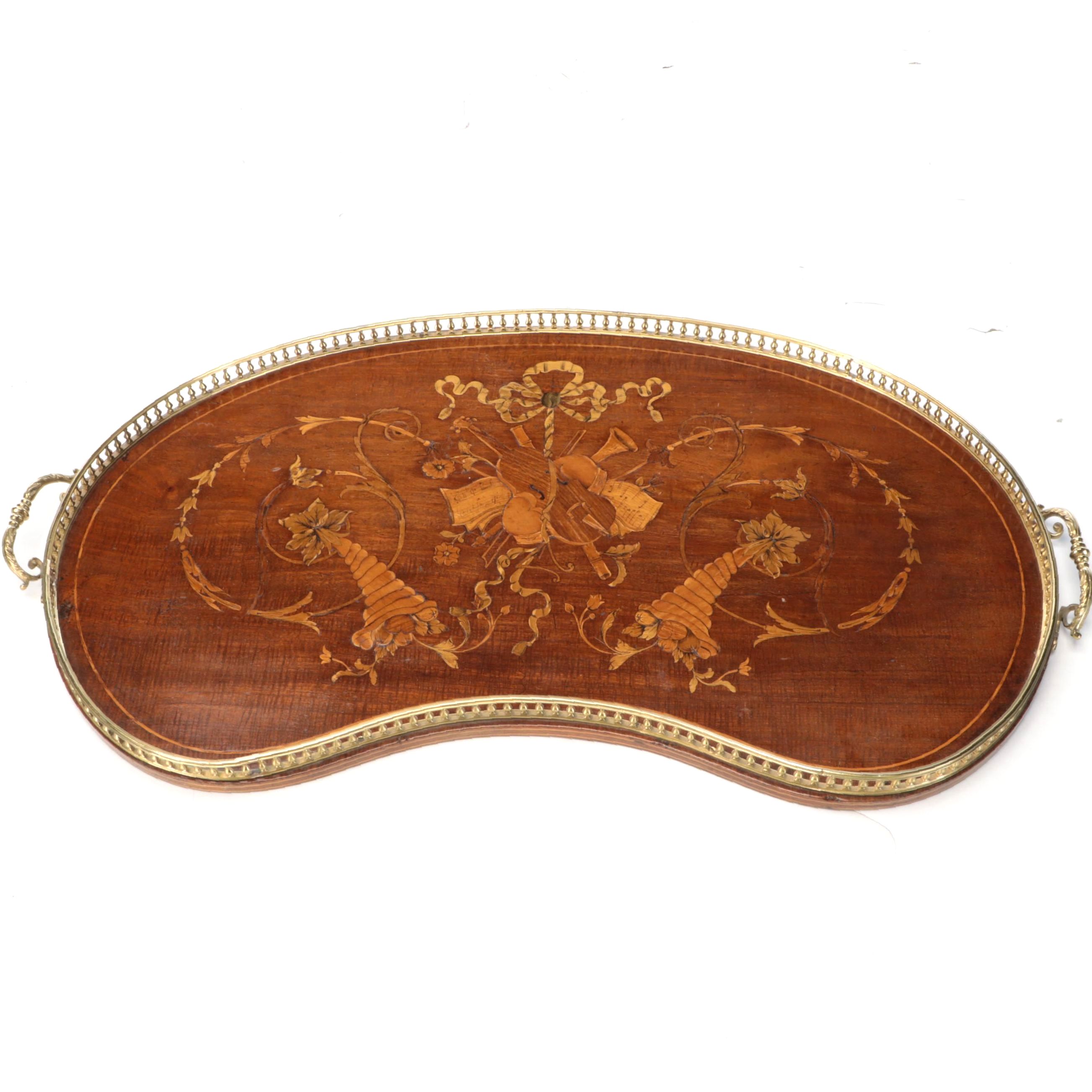 Edwardian Kidney Shaped Mahogany and Mixed Wood Inlaid Gallery Tray, ca. 1910