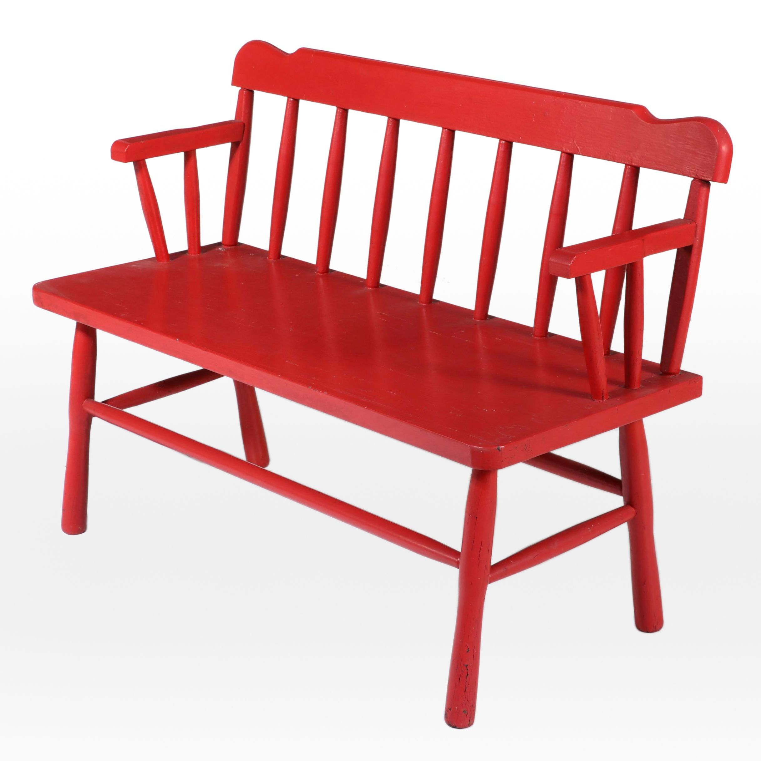 American Primitive Red-Painted Spindle-Back Settee, Late 19th/Early 20th Century