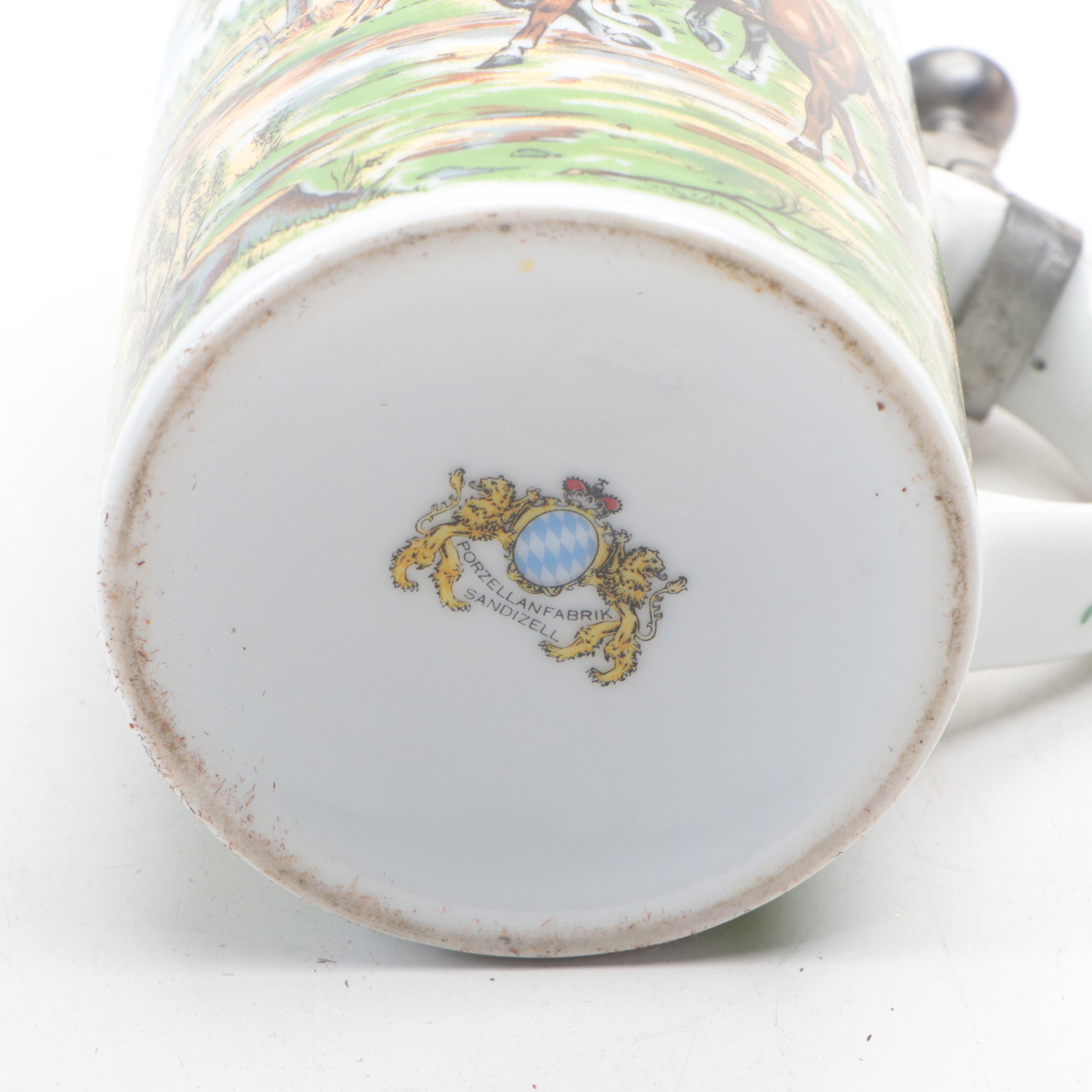 Sandizell German and Other Ceramic Beer Steins, Mid to Late 20th Century