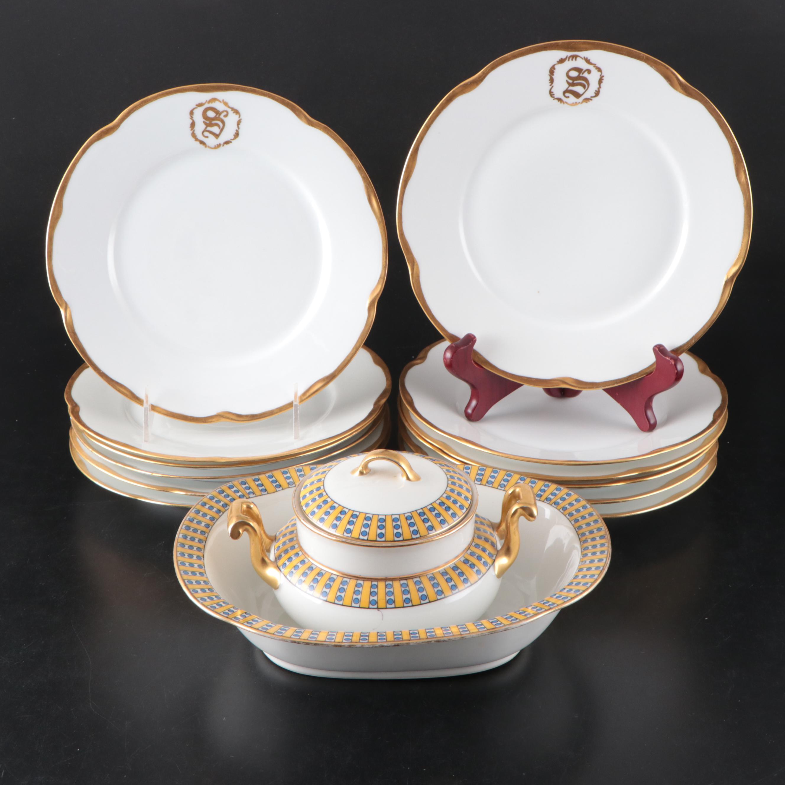 Limoges Old Abbey Porcelain Serveware with Other "S" Monogrammed Plates