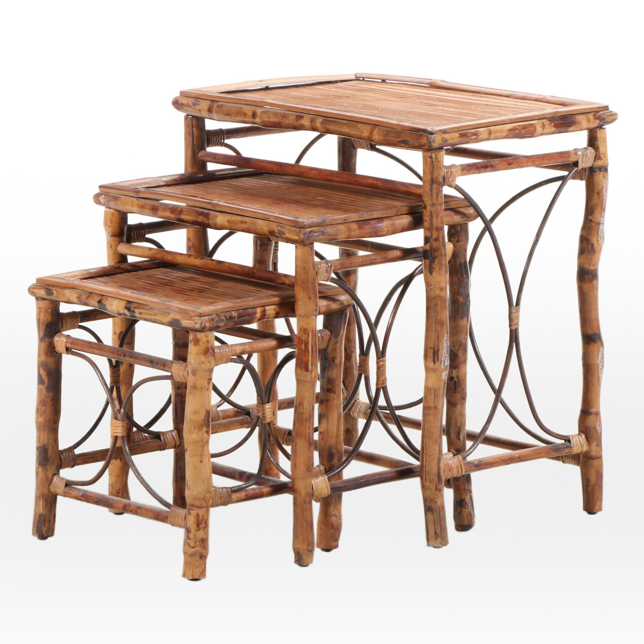 Hollywood Regency Style Bamboo and Rattan Nesting Tables, Mid to Late 20th C.