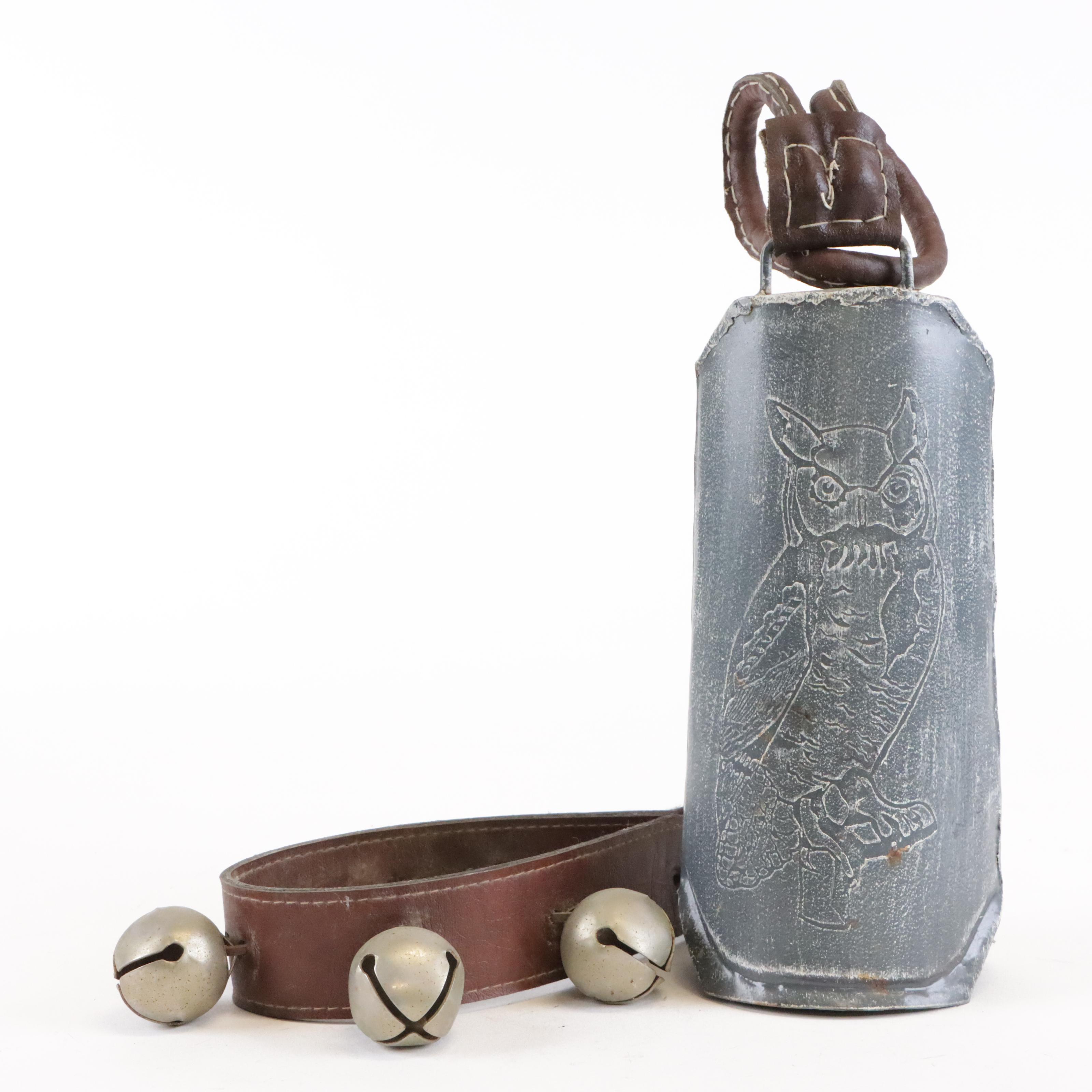 Sleigh Bells and Large Metal Bell with Engraved Owl