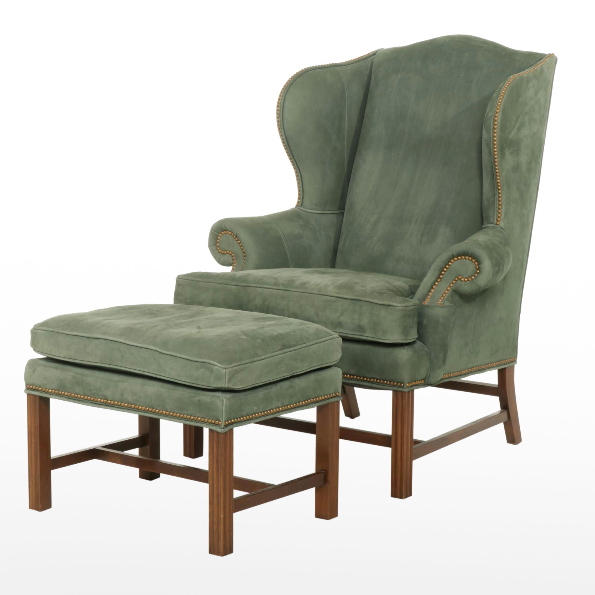Harden Chippendale Style Green Leather Wingback Armchair with Nail Head Trim