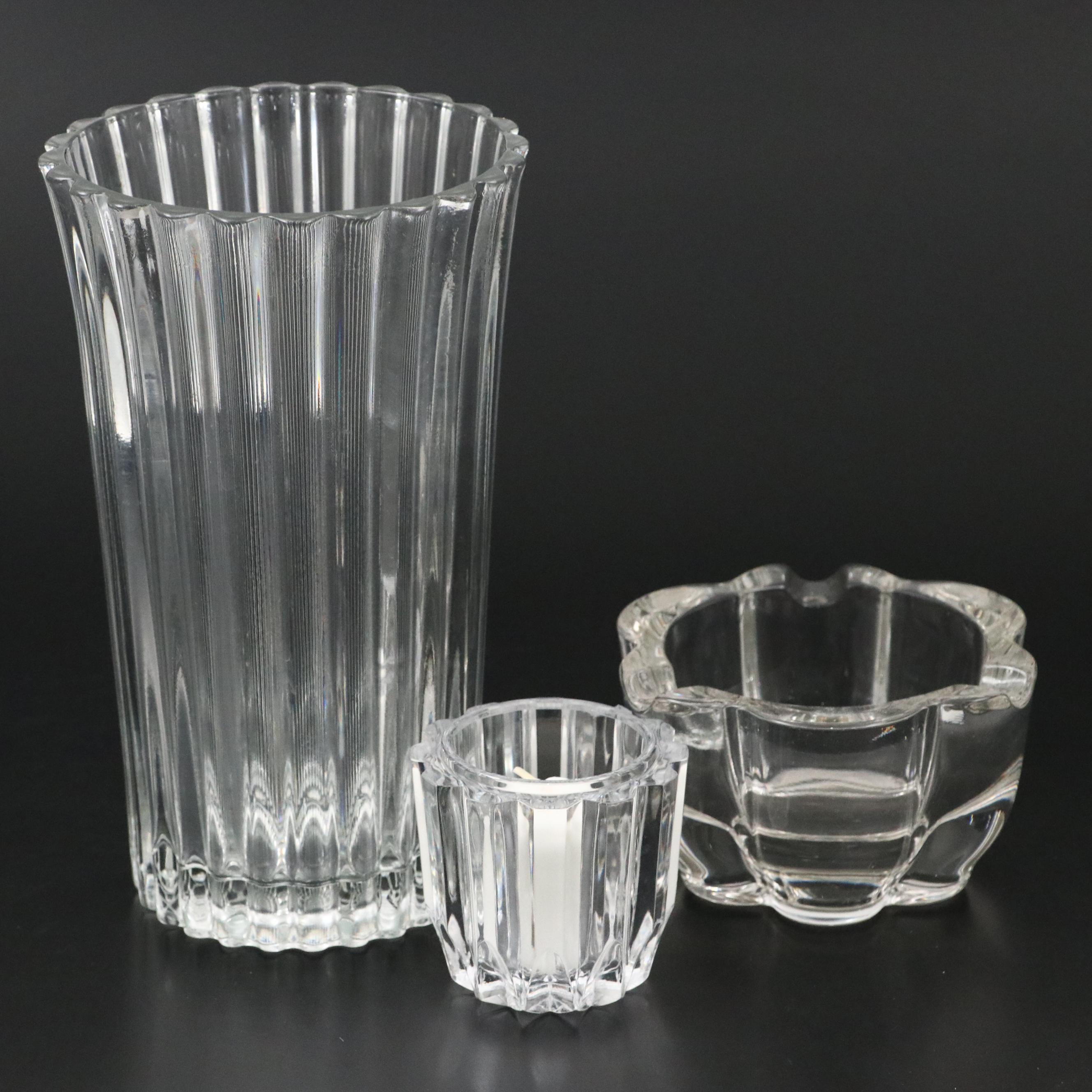 Cristal d'Arques-Durand "Athena" Crystal Vase and Crystal Ashtray, Candle Holder