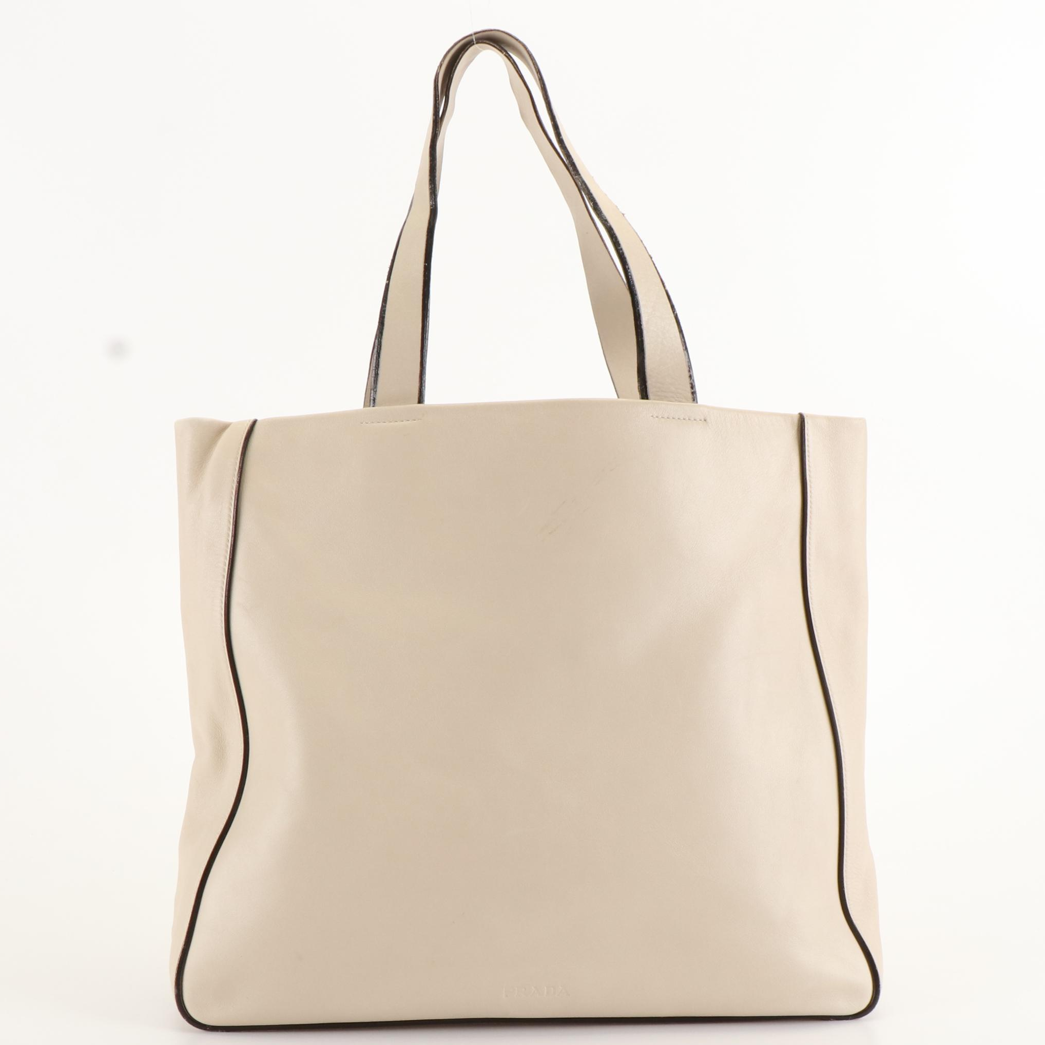 Prada Vitello Leather Tote Bag in Black Trimmed Ivory