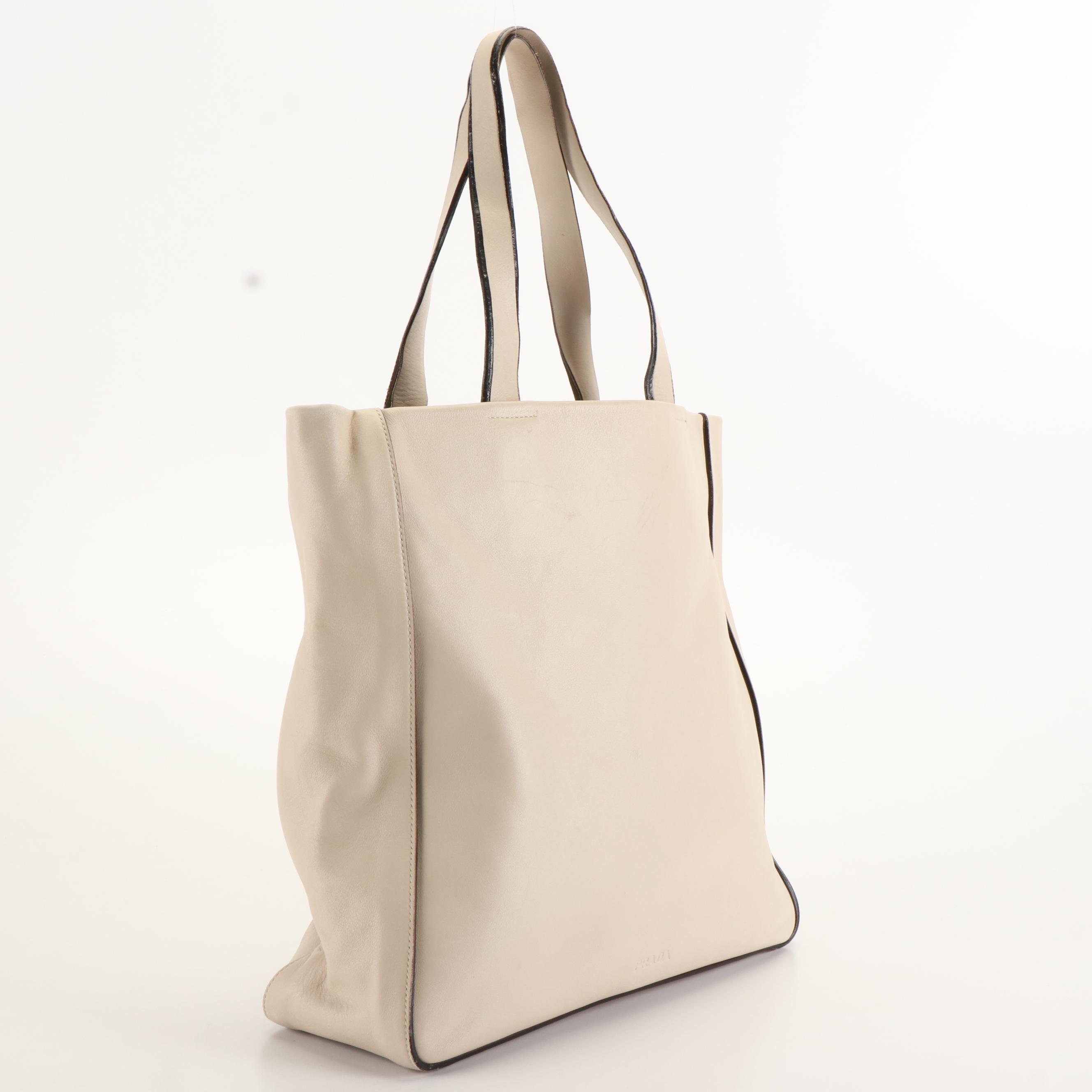 Prada Vitello Leather Tote Bag in Black Trimmed Ivory