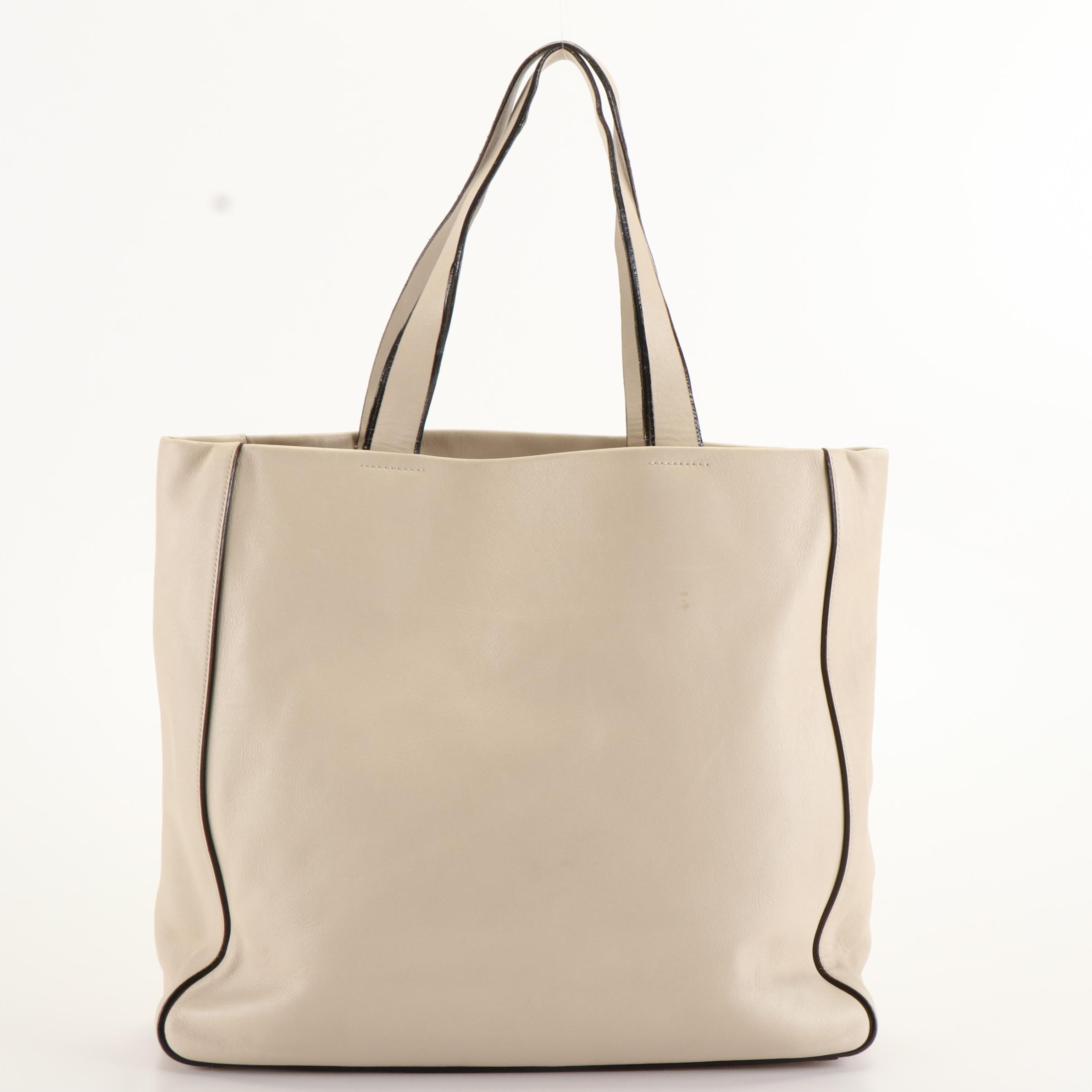 Prada Vitello Leather Tote Bag in Black Trimmed Ivory