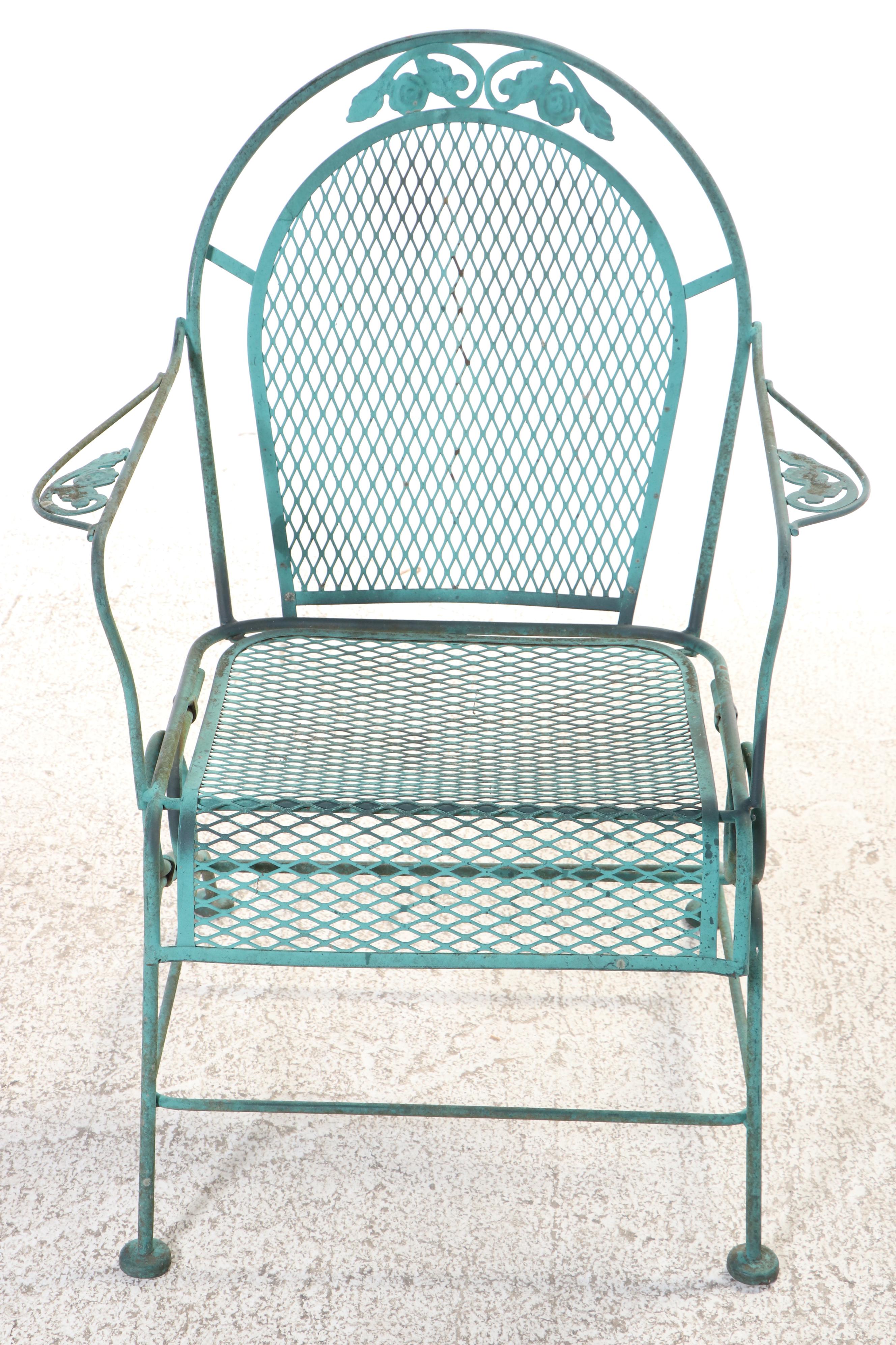 Five-Piece Modernist Green-Painted Iron and Wire Mesh Patio Dining Set