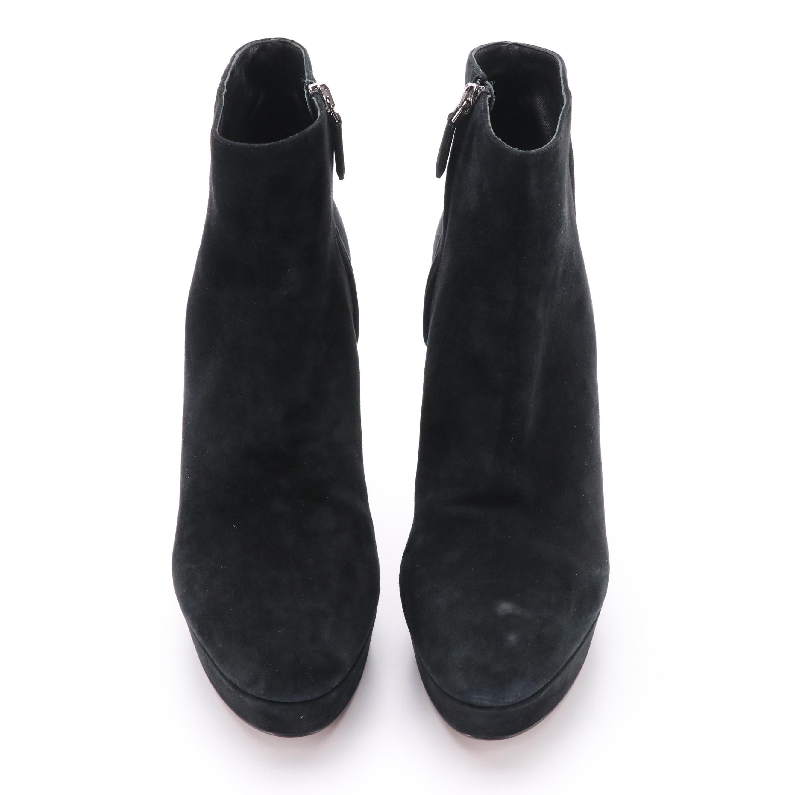 Prada Black Suede High Heel Platform Zip Booties