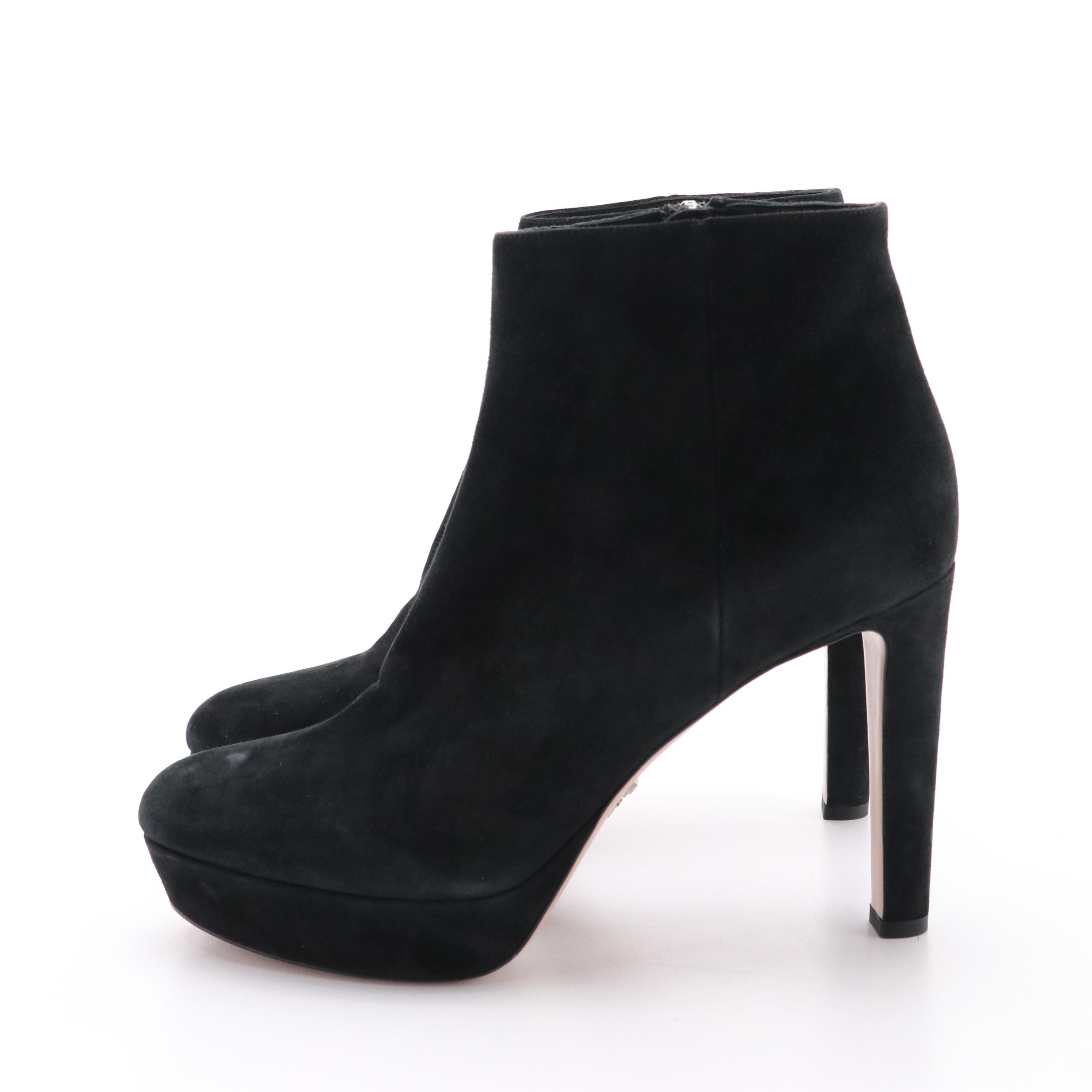Prada Black Suede High Heel Platform Zip Booties