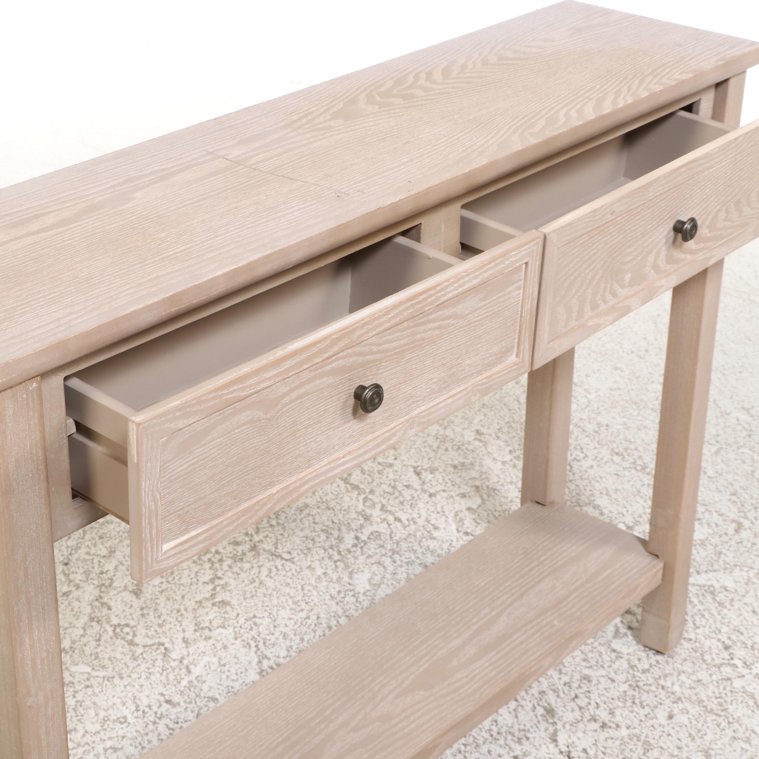 Contemporary Two-Drawer Console Table in Cerused Oak Finish
