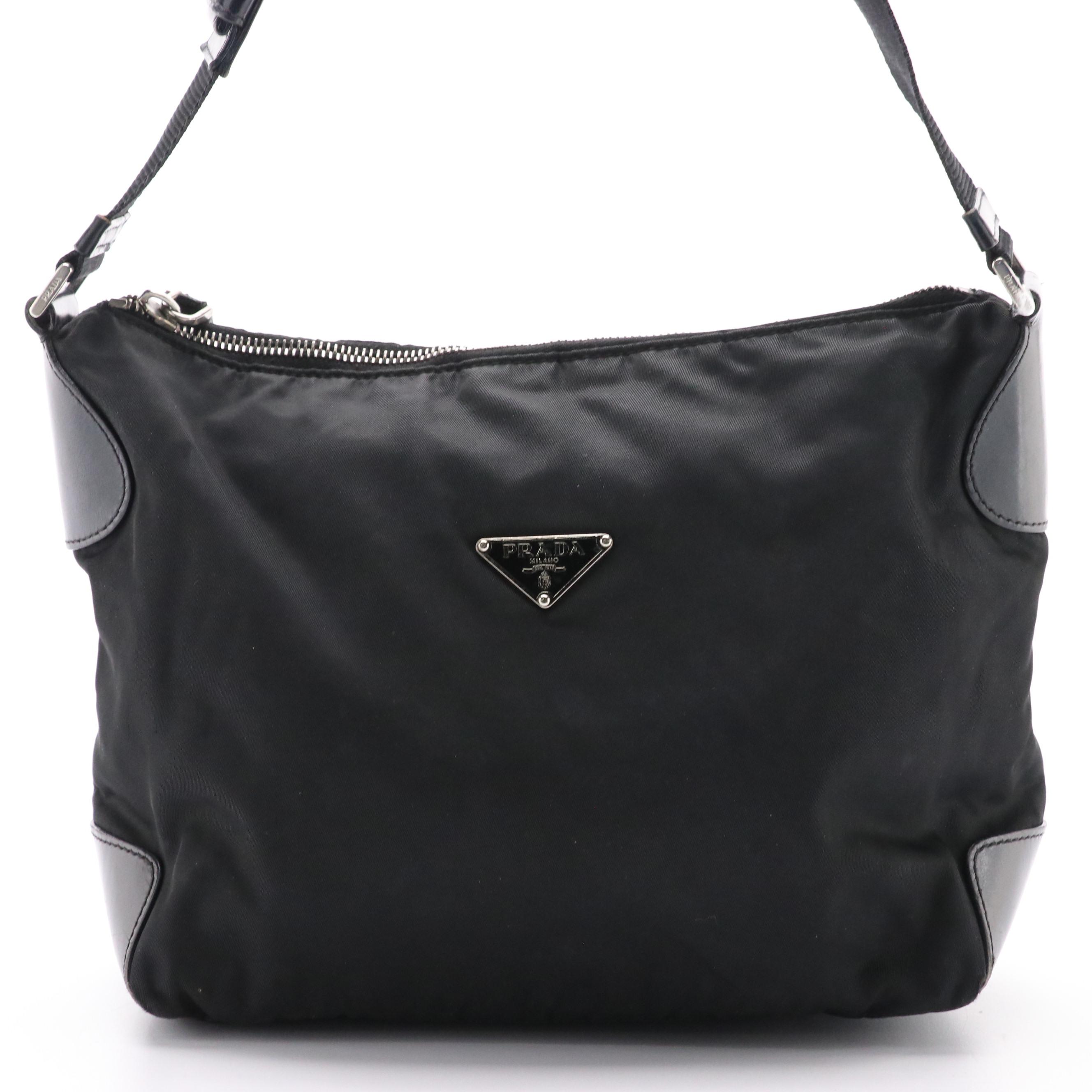 Prada Black Tessuto Nylon Shoulder Bag with Leather Trim