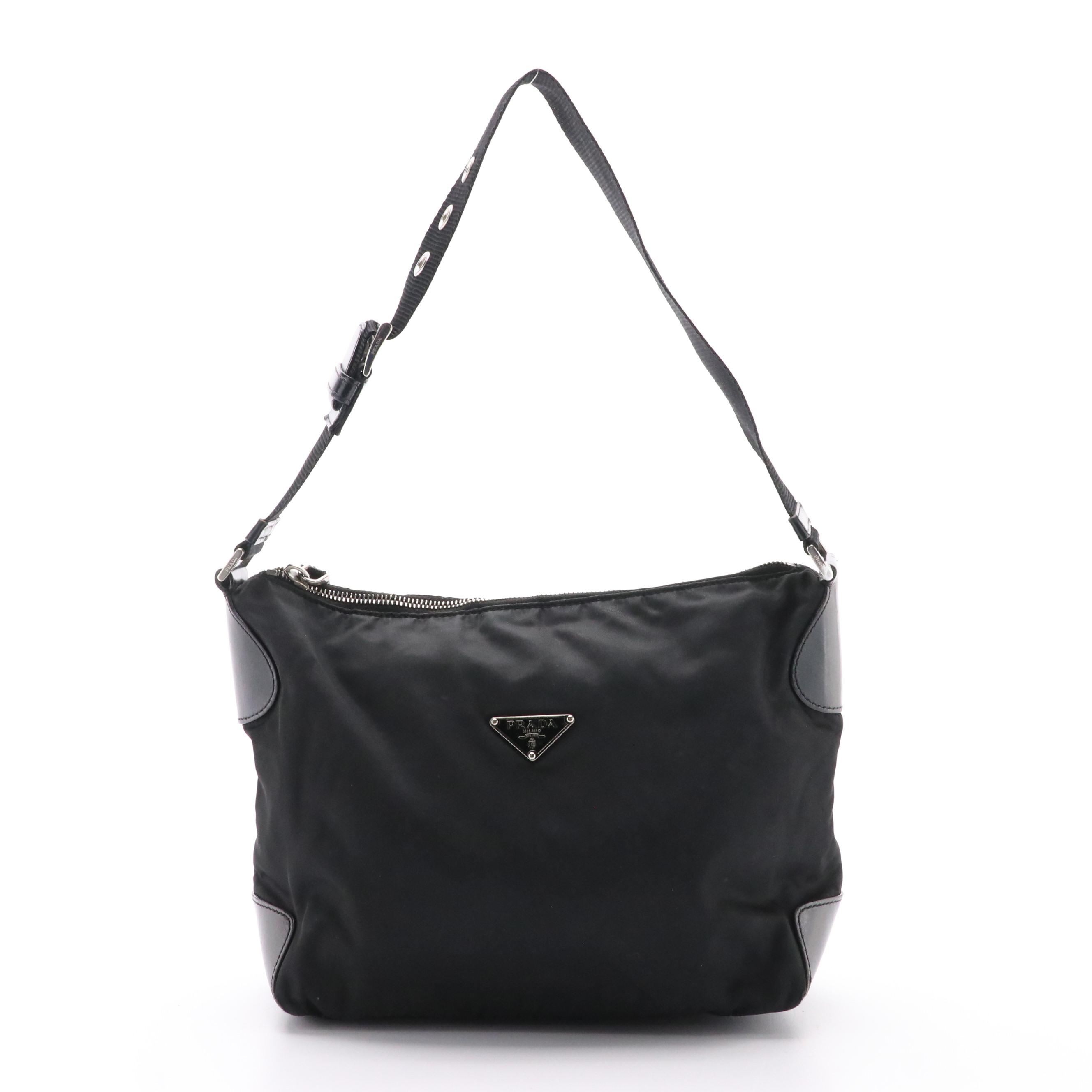Prada Black Tessuto Nylon Shoulder Bag with Leather Trim