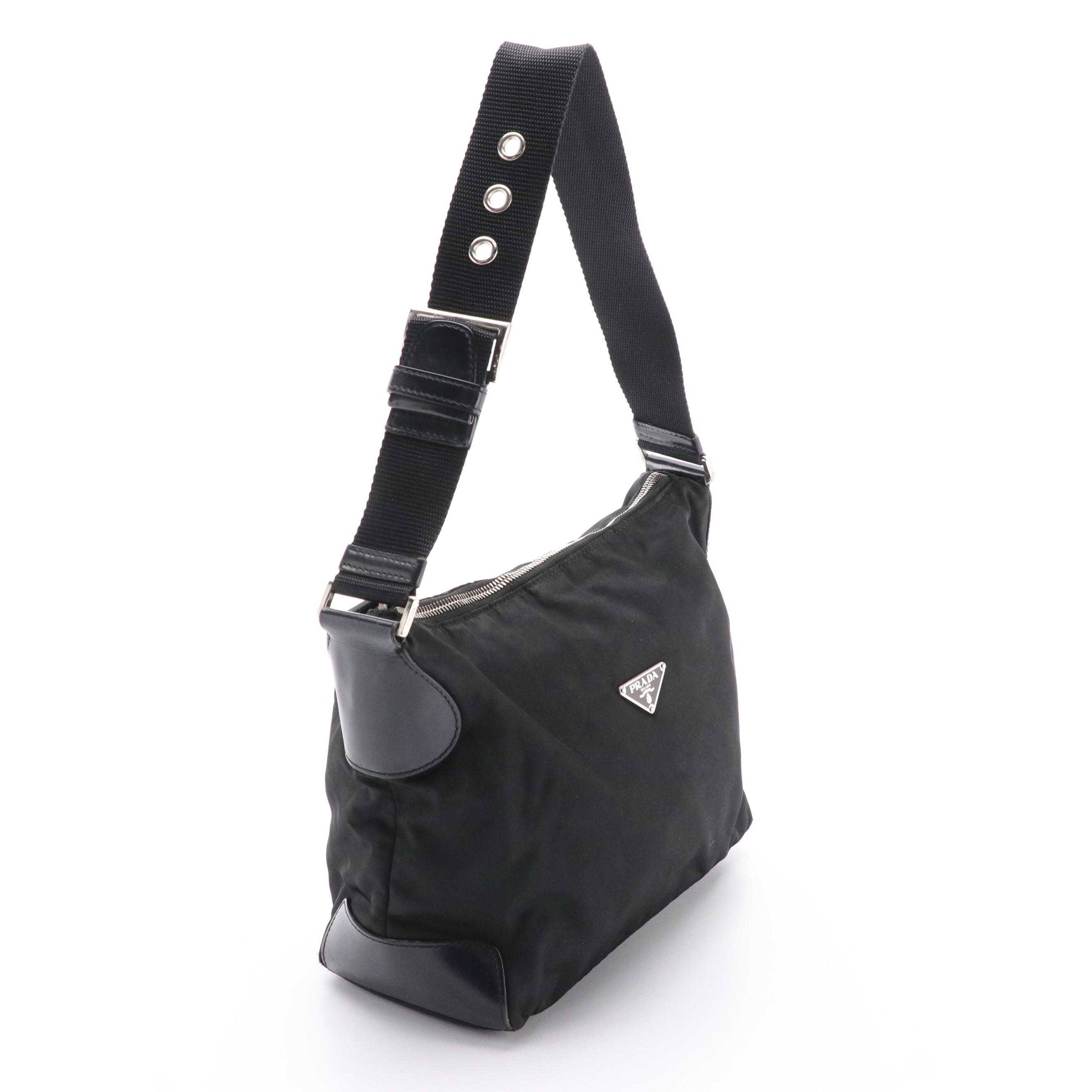 Prada Black Tessuto Nylon Shoulder Bag with Leather Trim