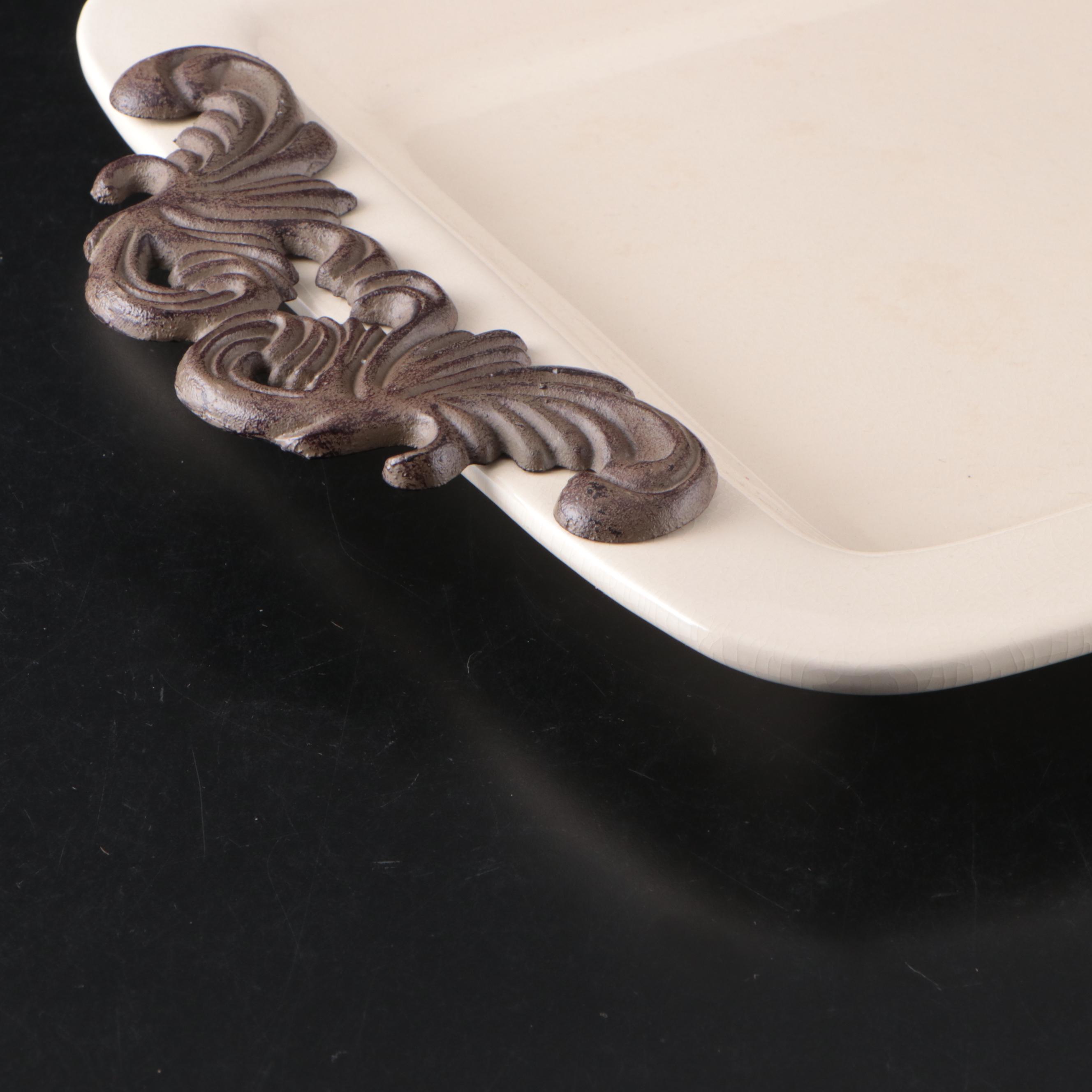 GG Collection "Acanthus" Cream Ceramic Rectangular Tray with Metal Handles