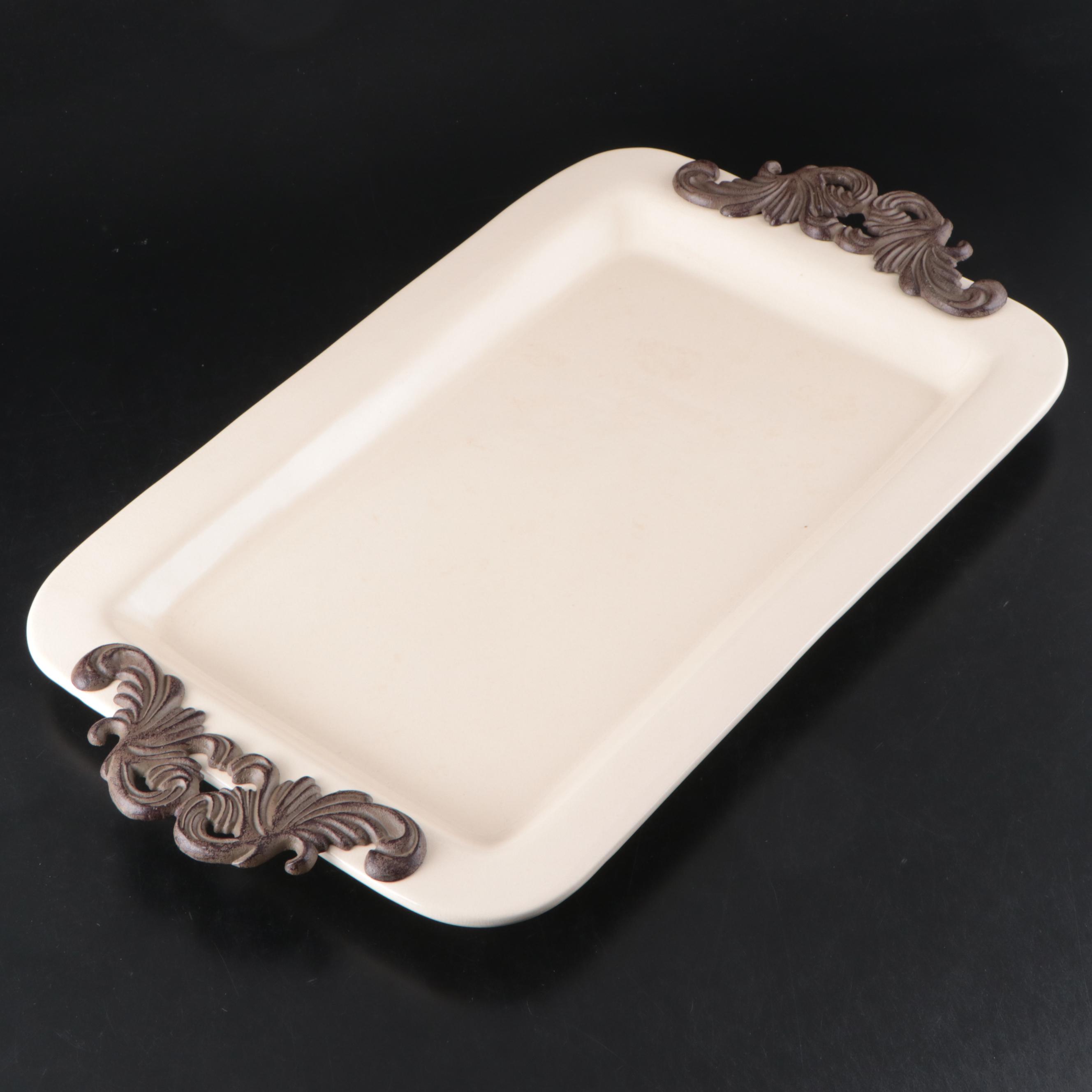 GG Collection "Acanthus" Cream Ceramic Rectangular Tray with Metal Handles